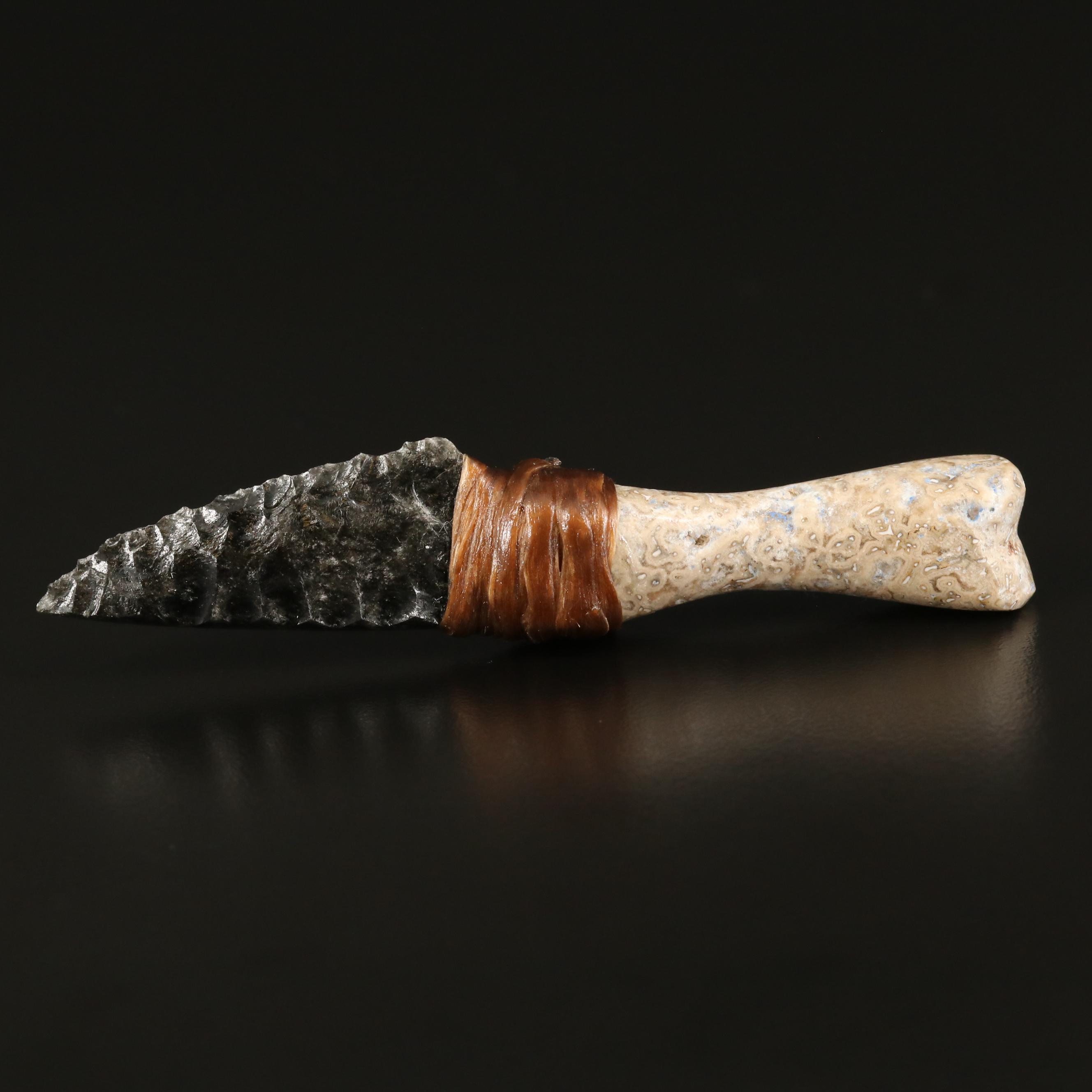 Fossilized Dinosaur Bone and Silver Sheen Obsidian Reproduction Knapped Knife