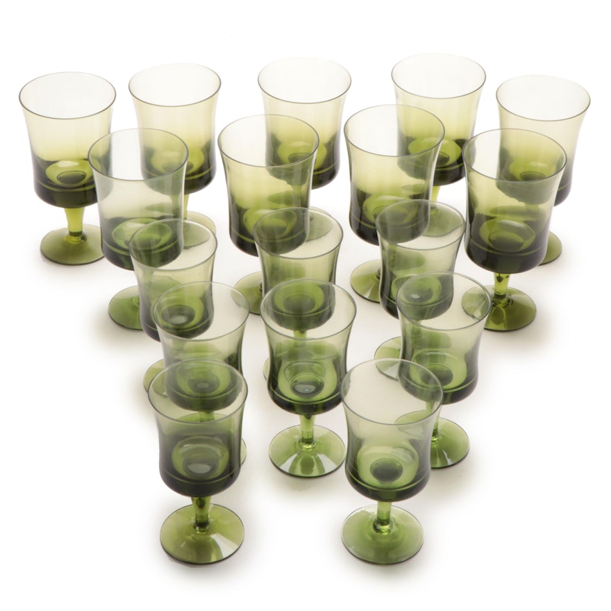 Olive Green Goblets and Wine Glasses, Mid to Late 20th Century