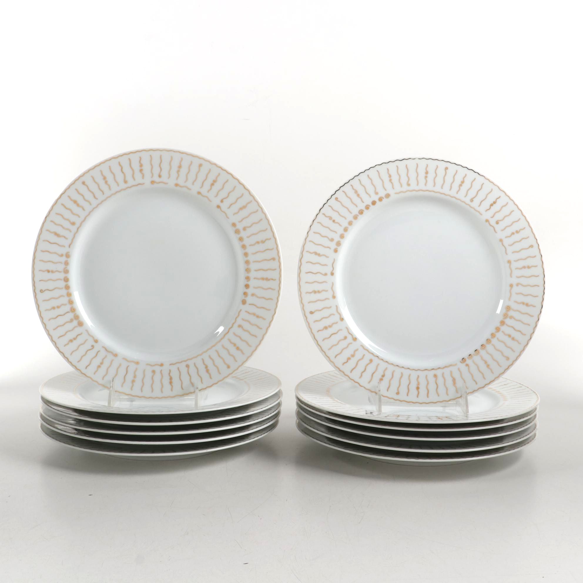 Pottery Barn "Nile" Dinner Plates with Ceramic "Blue Shell" Luncheon Plates