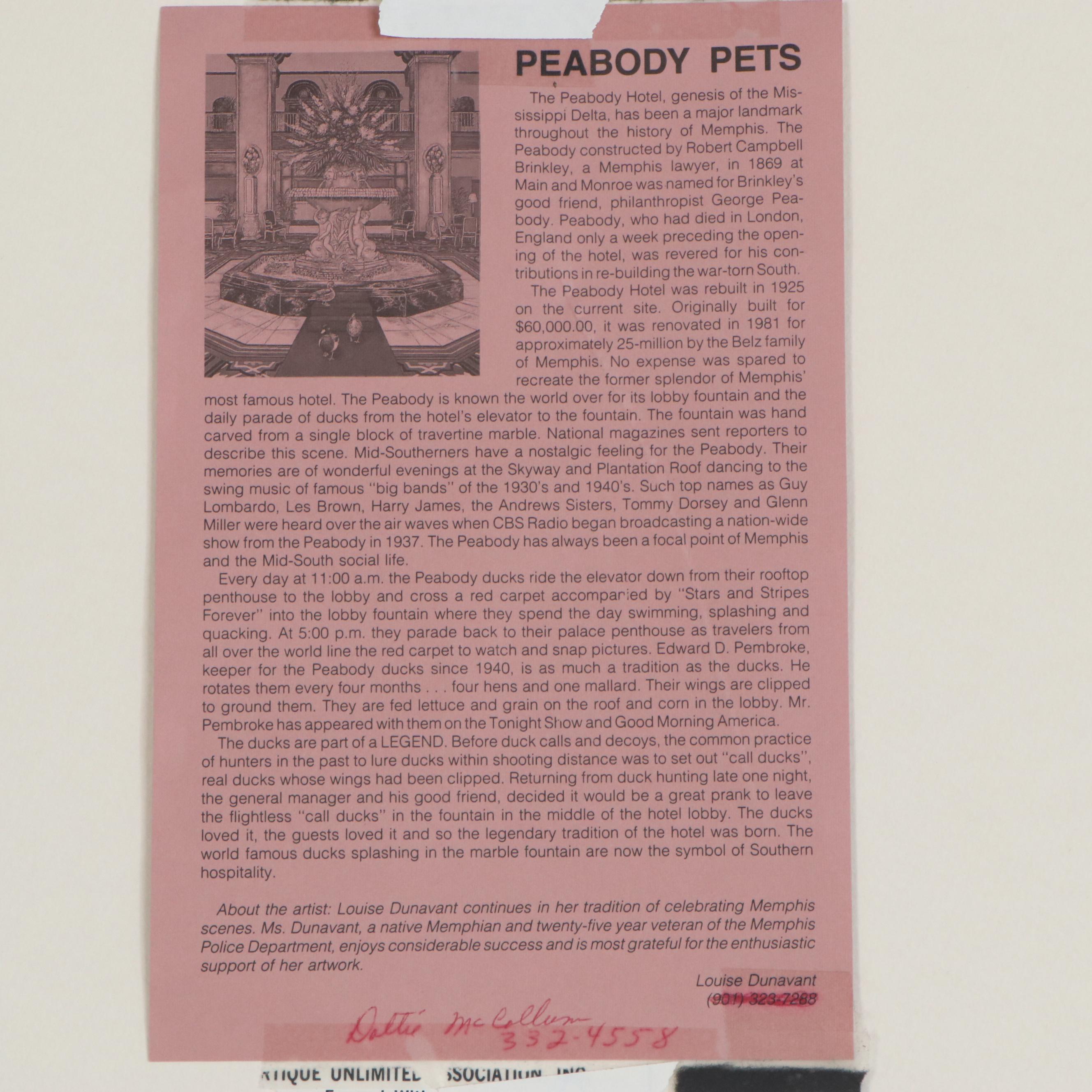 Louise Dunavant Offset Lithograph "Peabody Pets," Late 20th Century