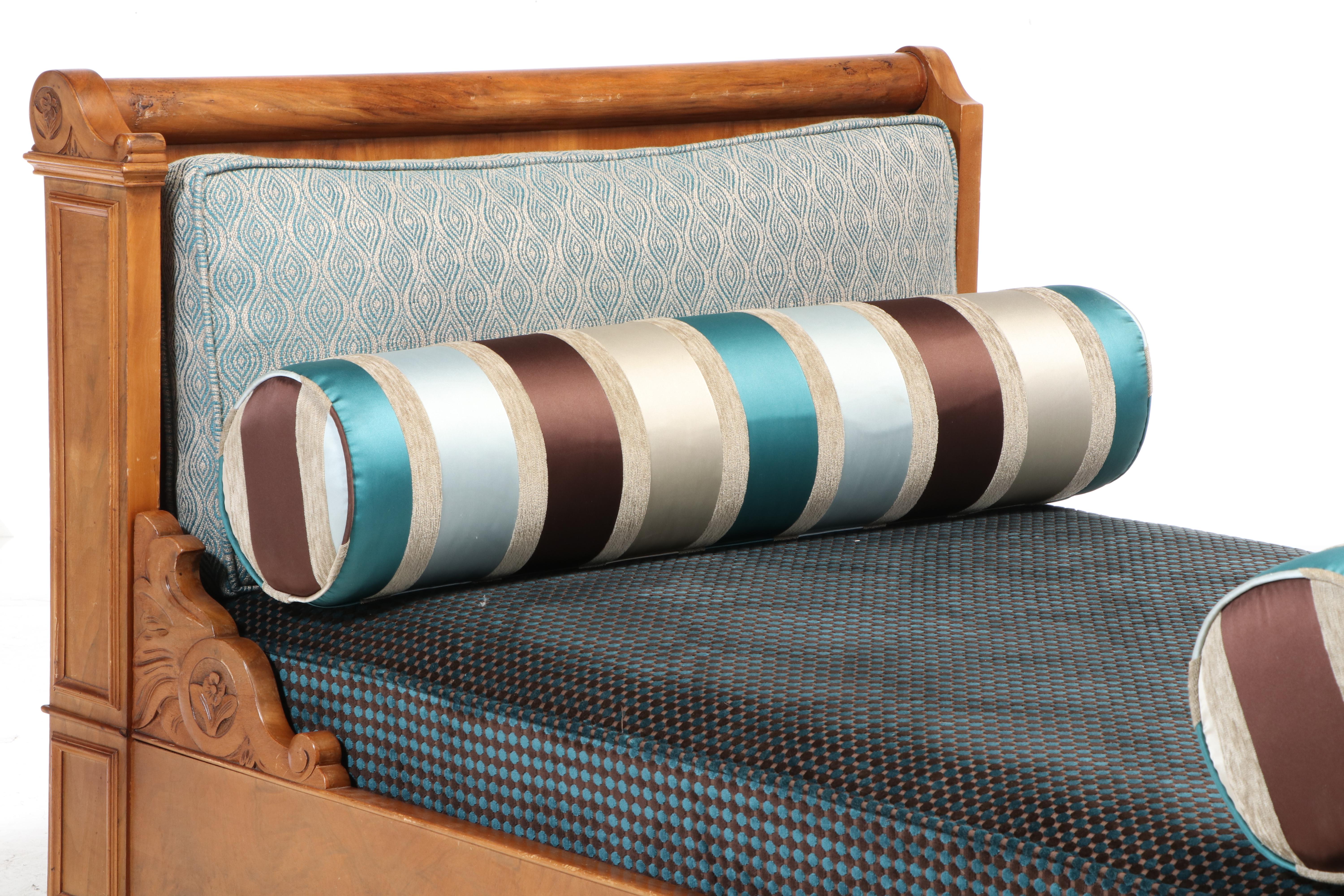 French Lit en Bateau Wood Bed with Upholstered Mattress, Mid to Late 19th C.