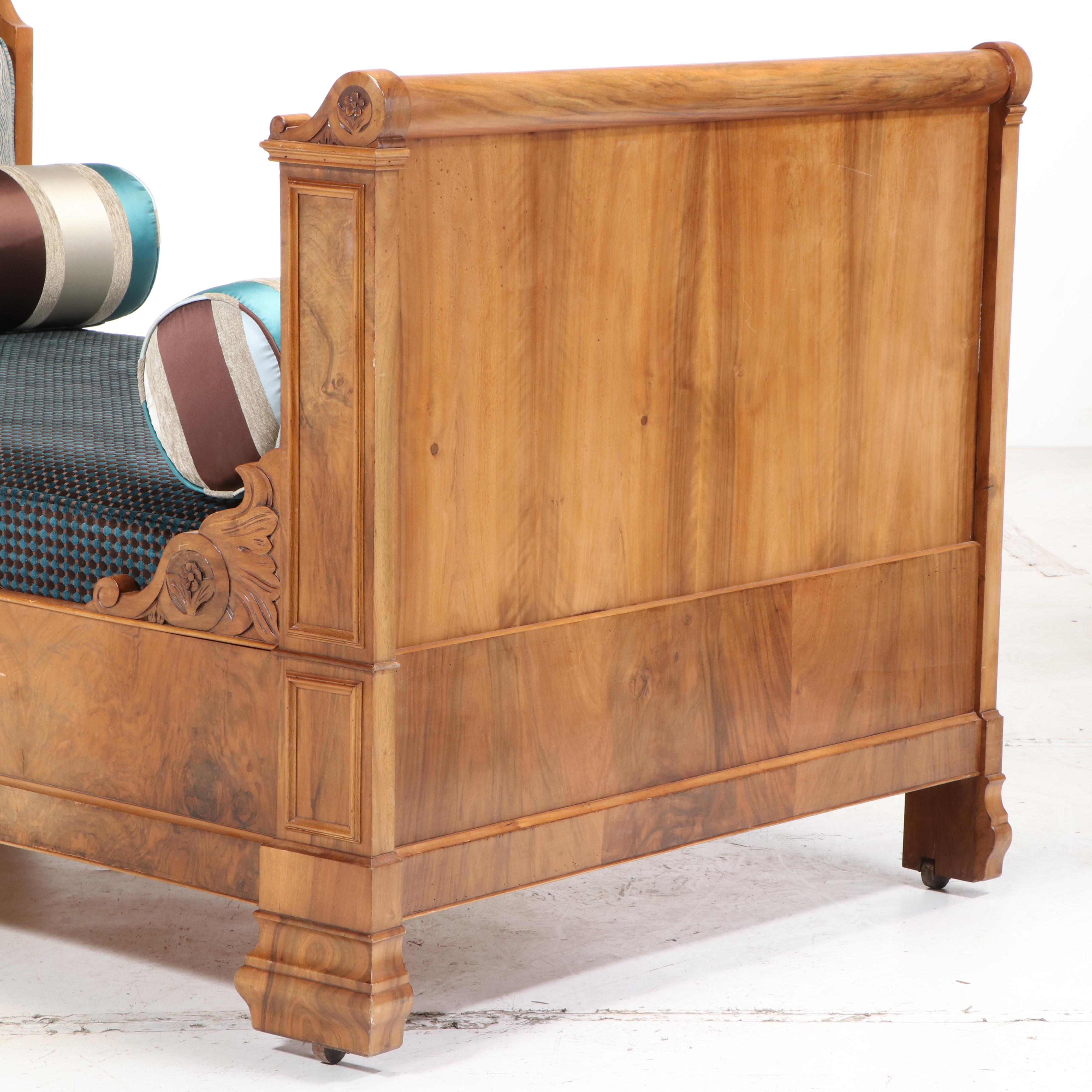 French Lit en Bateau Wood Bed with Upholstered Mattress, Mid to Late 19th C.