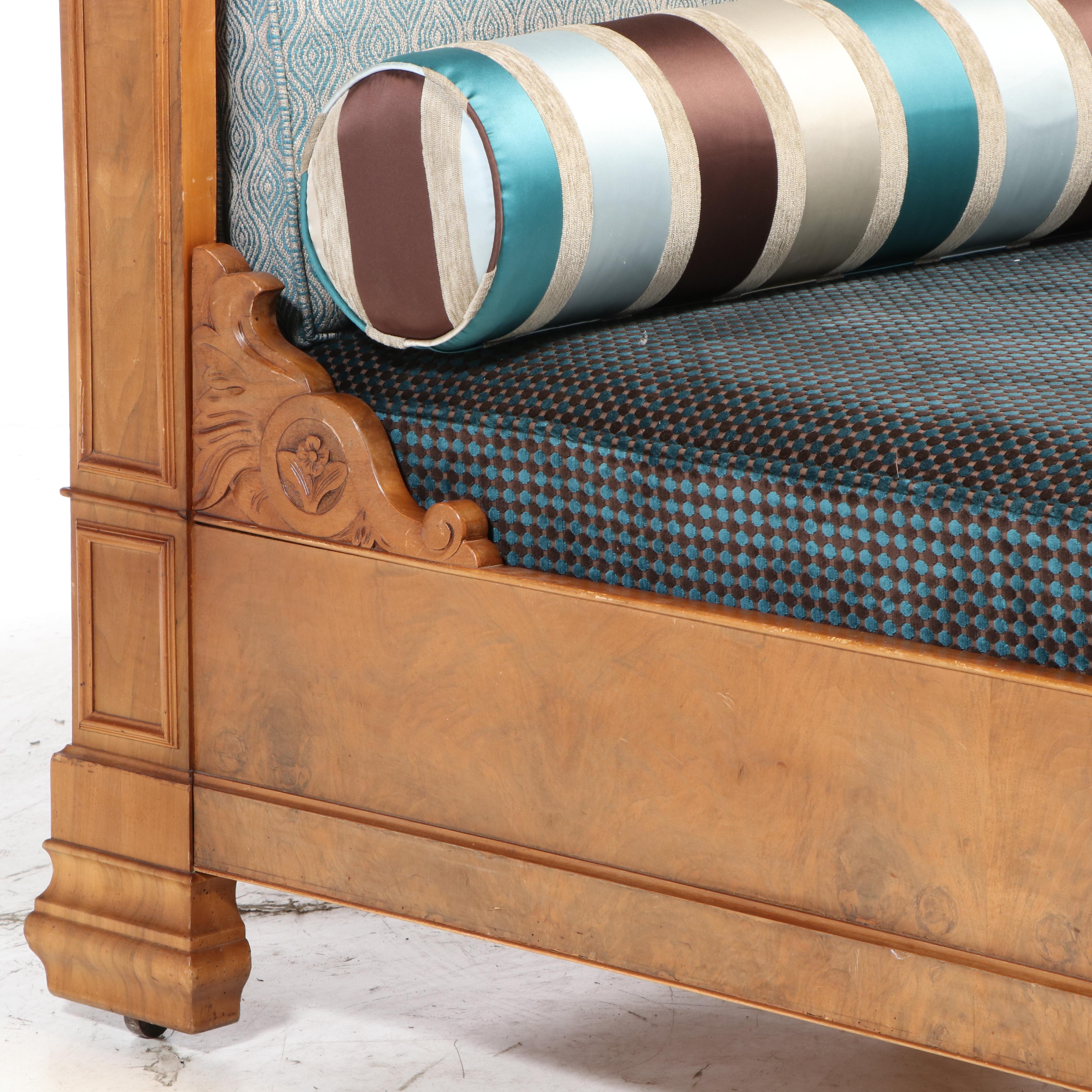 French Lit en Bateau Wood Bed with Upholstered Mattress, Mid to Late 19th C.