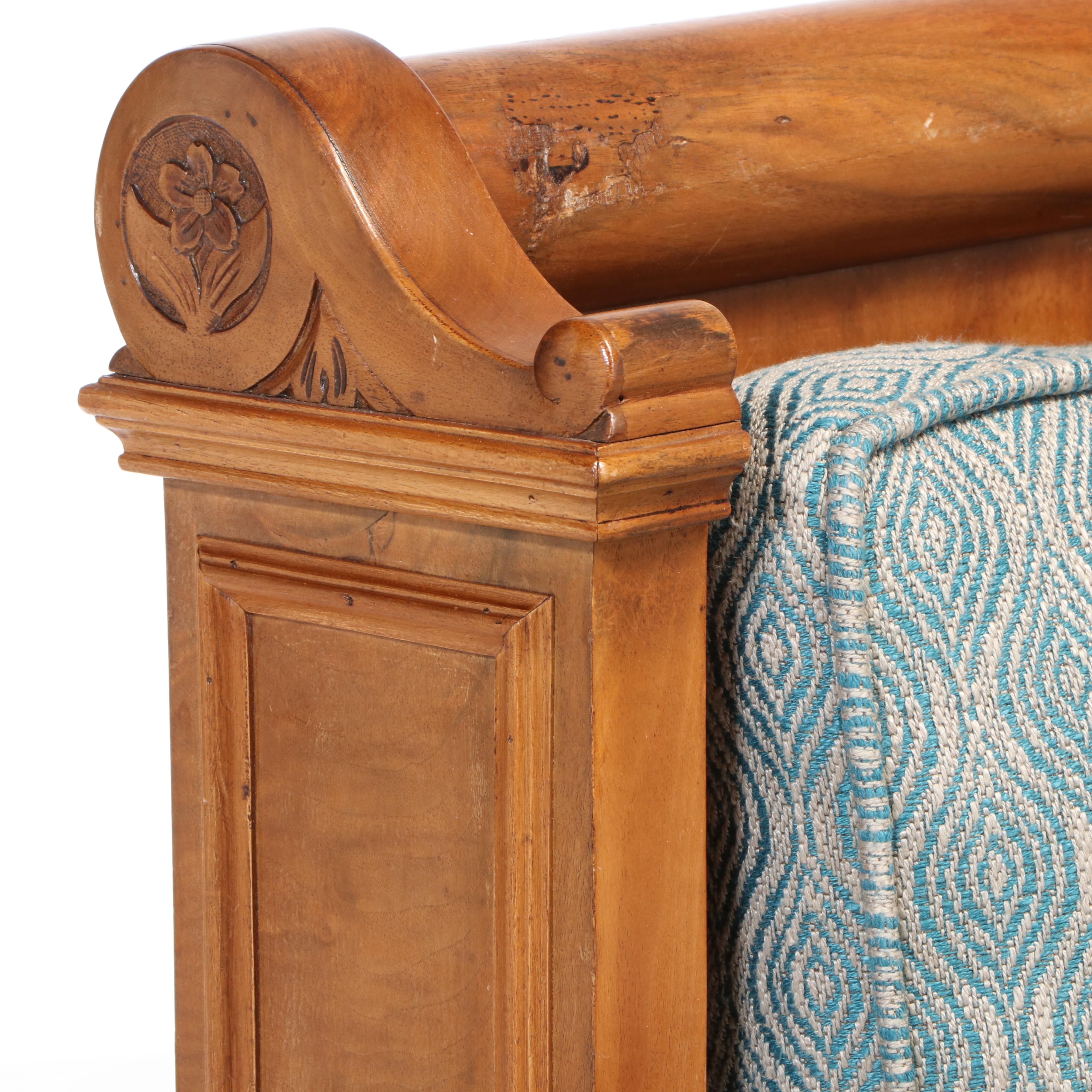 French Lit en Bateau Wood Bed with Upholstered Mattress, Mid to Late 19th C.