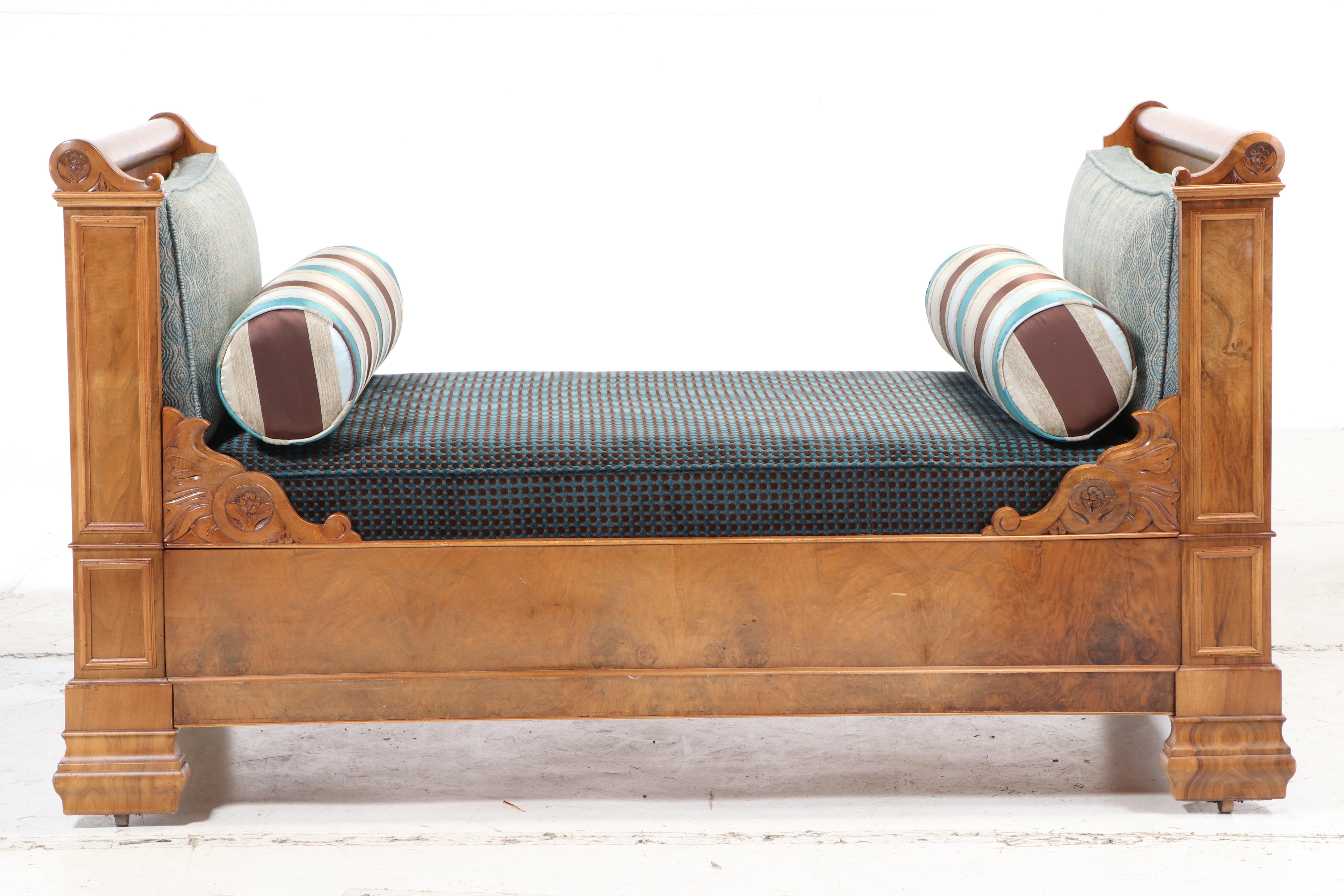 French Lit en Bateau Wood Bed with Upholstered Mattress, Mid to Late 19th C.