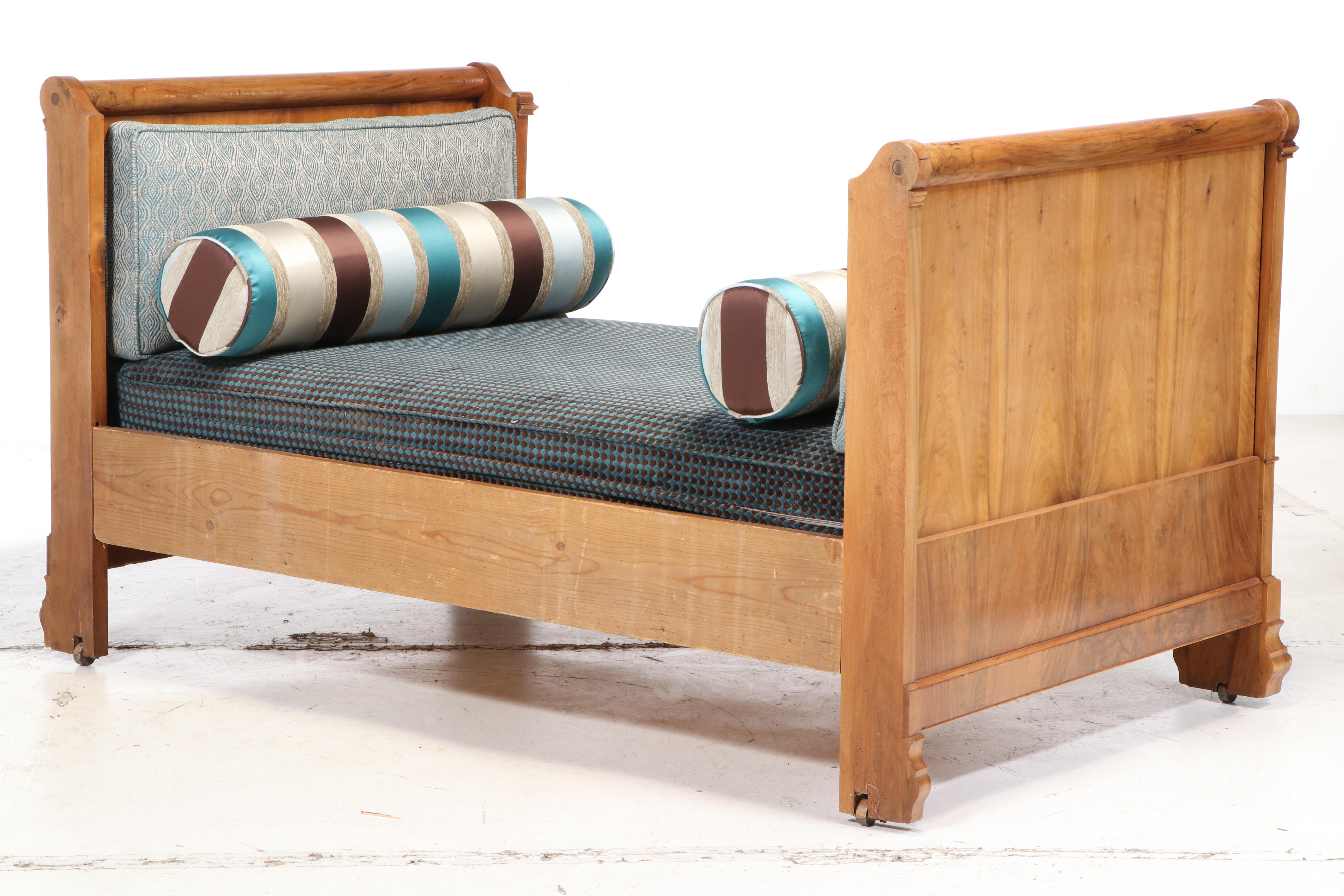 French Lit en Bateau Wood Bed with Upholstered Mattress, Mid to Late 19th C.