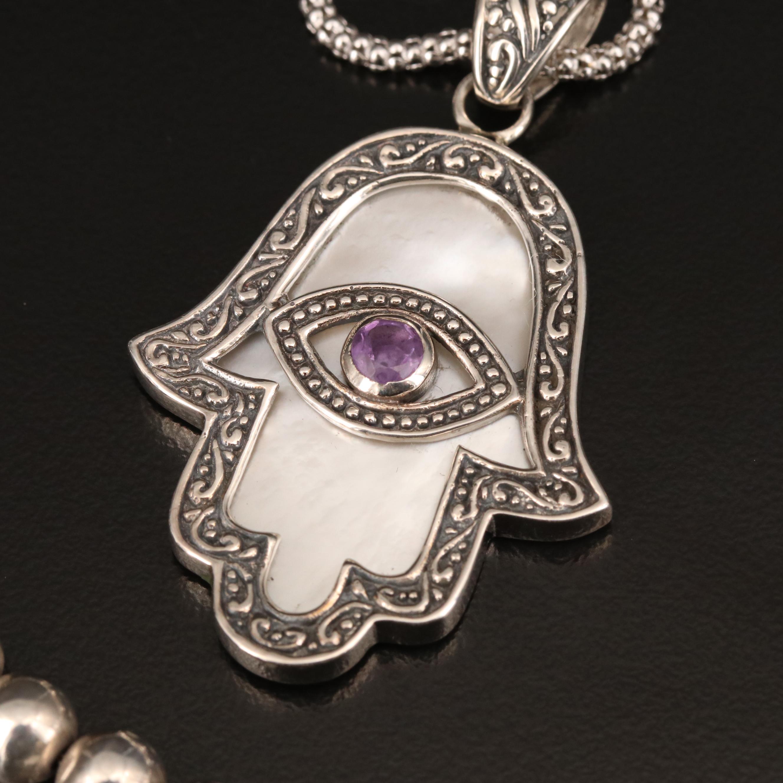 Sterling Double Sided Hamsa/Evil Eye, Lariat and Beaded Necklaces