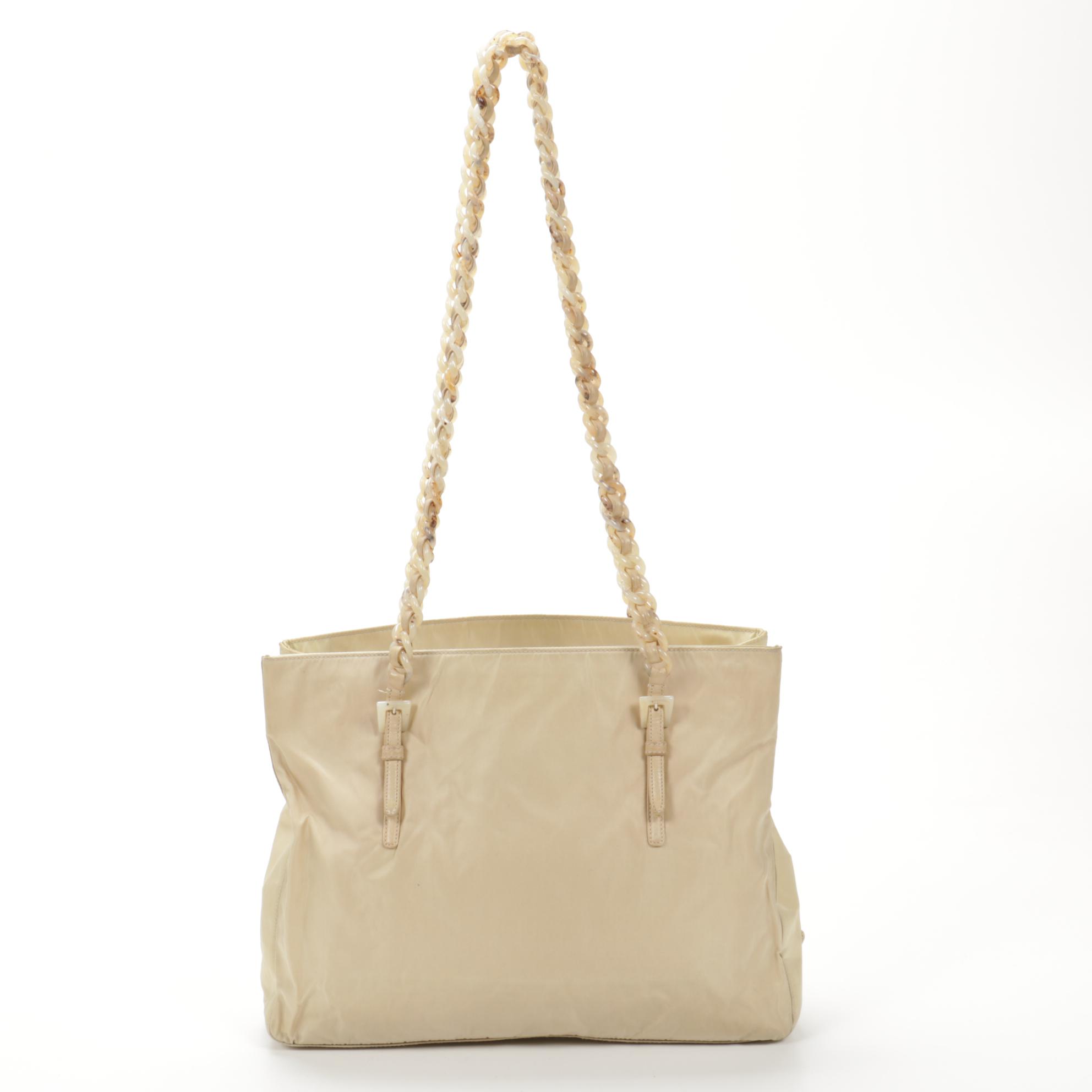 Prada Beige Tessuto Nylon Tote with Leather Interwoven Acetate Chain Link Strap