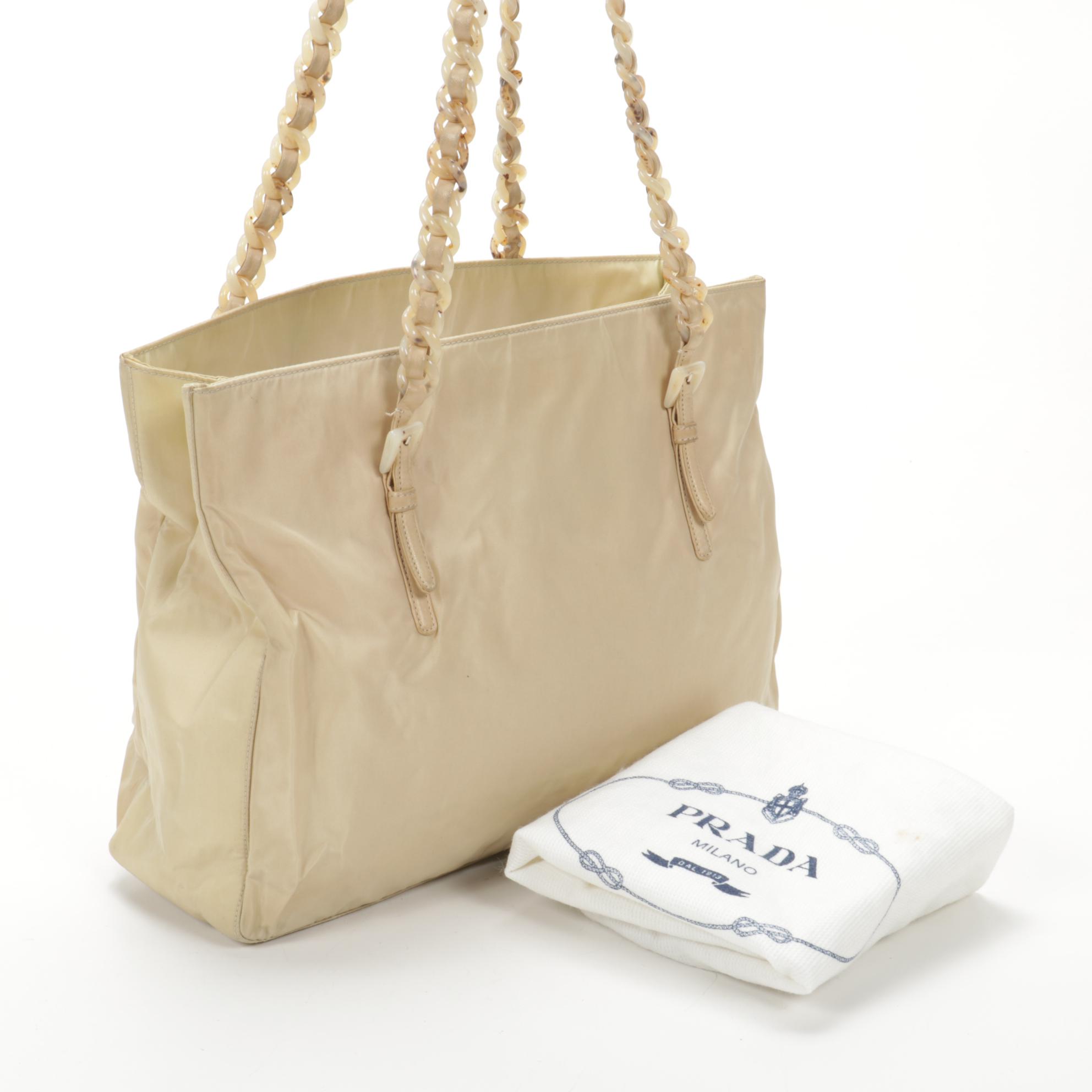 Prada Beige Tessuto Nylon Tote with Leather Interwoven Acetate Chain Link Strap