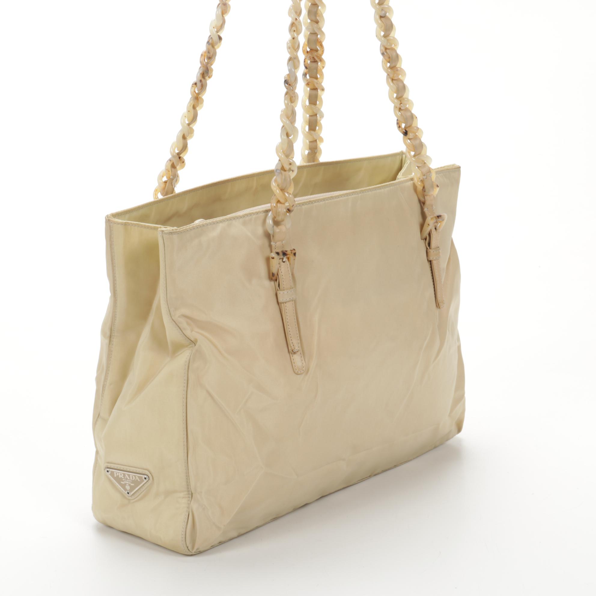 Prada Beige Tessuto Nylon Tote with Leather Interwoven Acetate Chain Link Strap