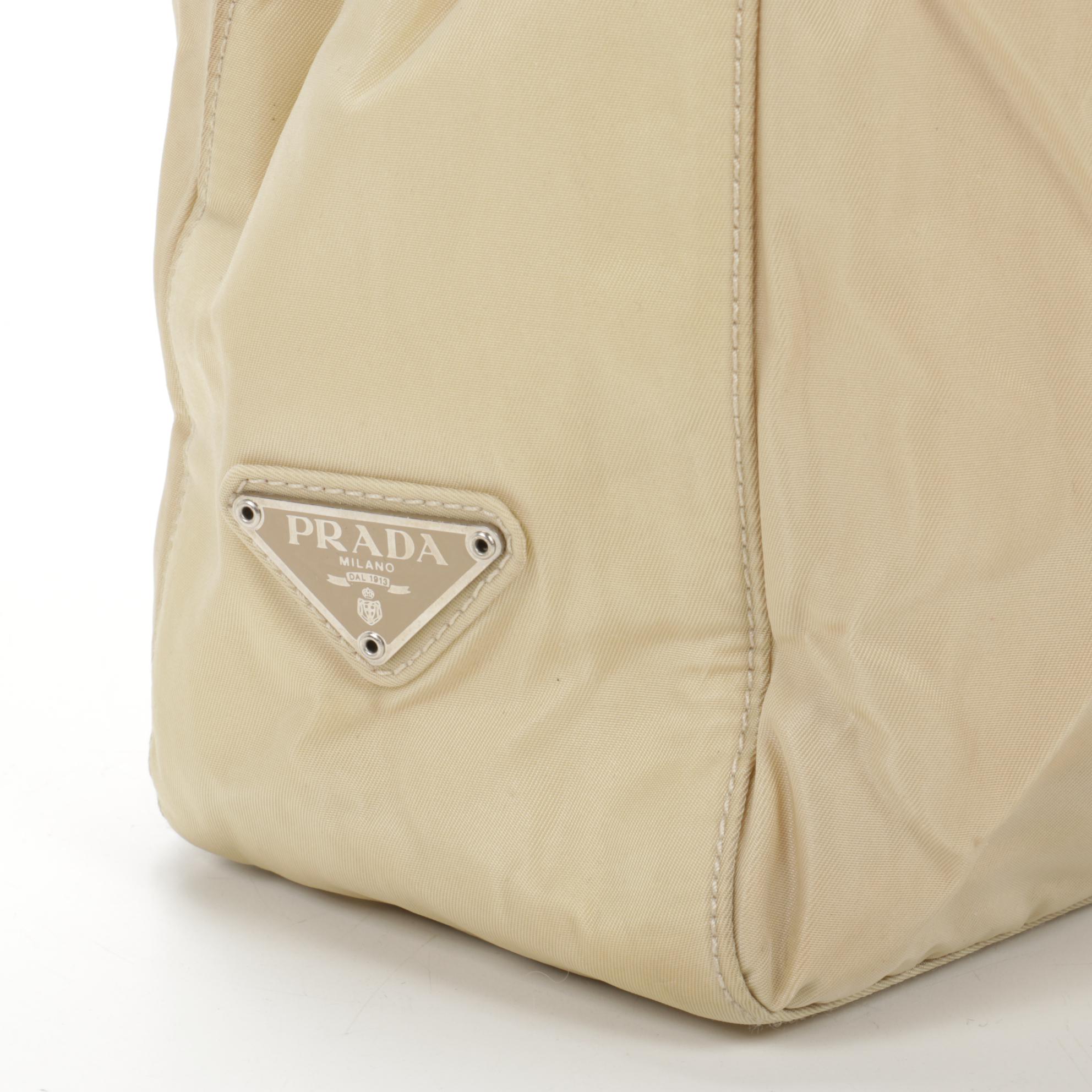 Prada Beige Tessuto Nylon Tote with Leather Interwoven Acetate Chain Link Strap