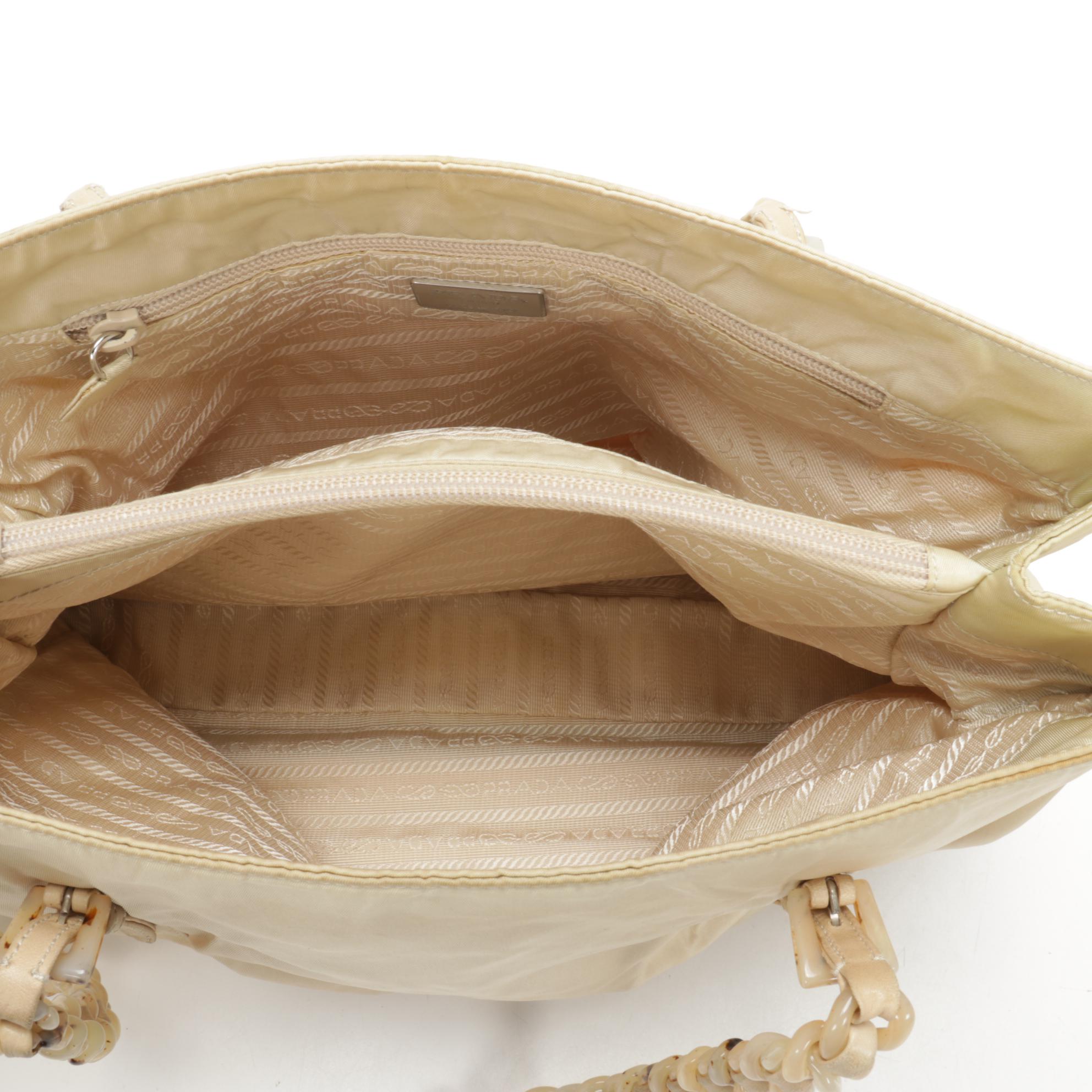 Prada Beige Tessuto Nylon Tote with Leather Interwoven Acetate Chain Link Strap