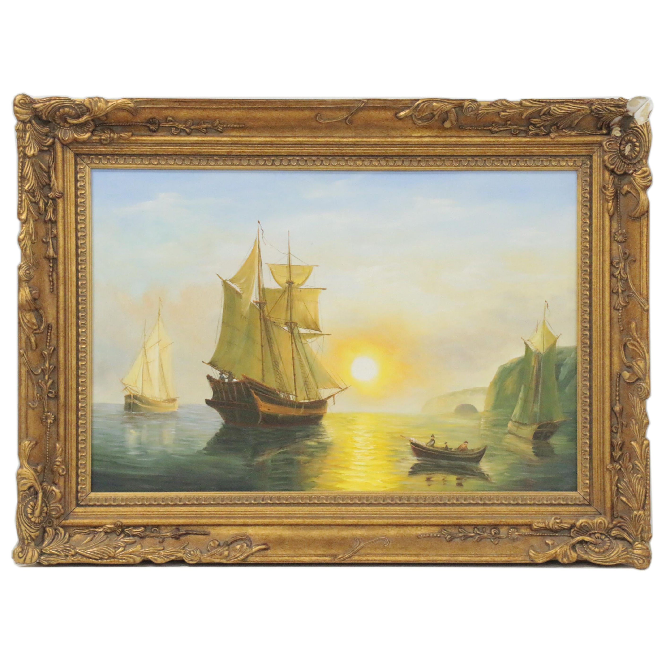 Nautical Oil Painting "Sunset Calm in the Bay of Fundy," circa 2000