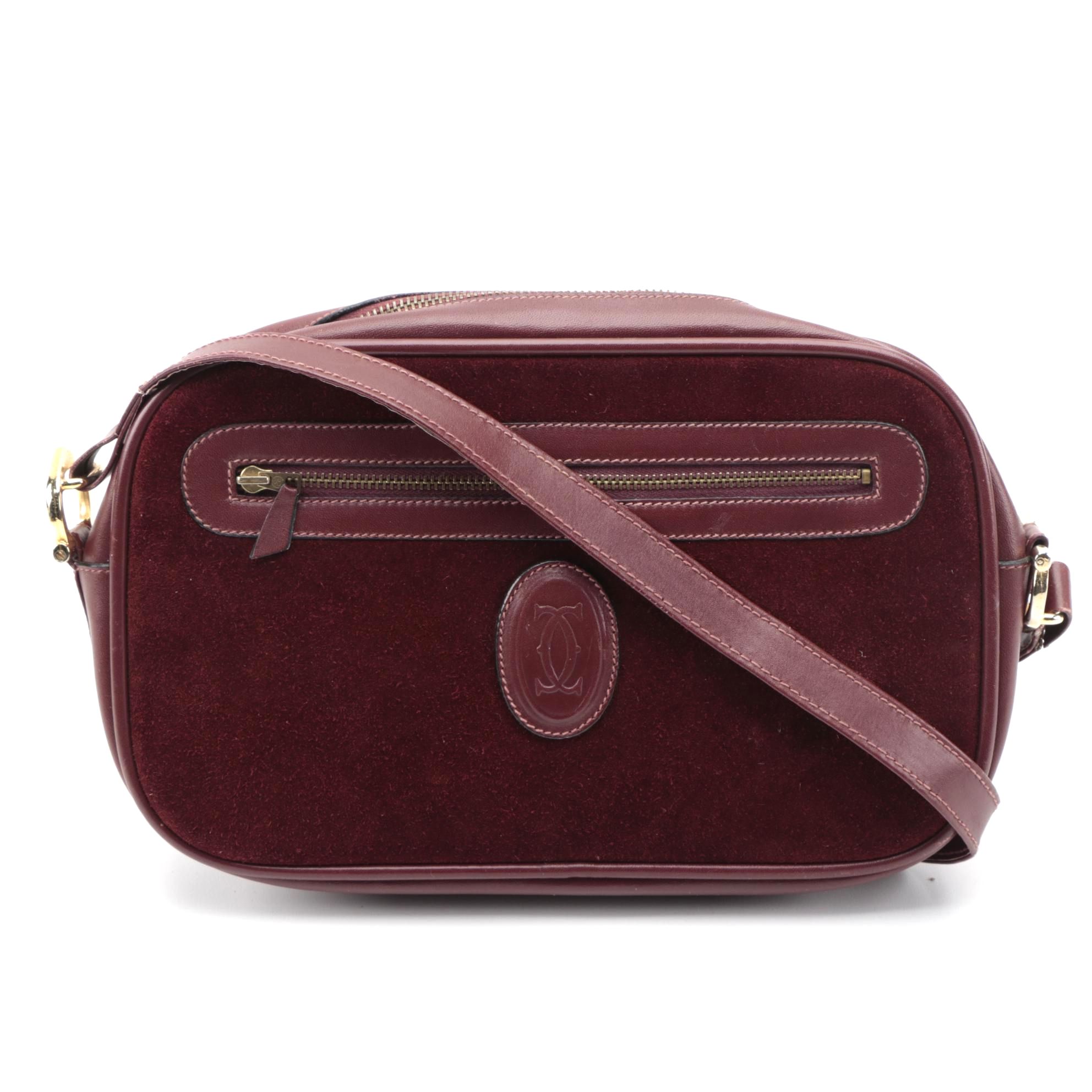 Cartier Paris Shoulder Bag in Burgundy Suede with Leather Trim