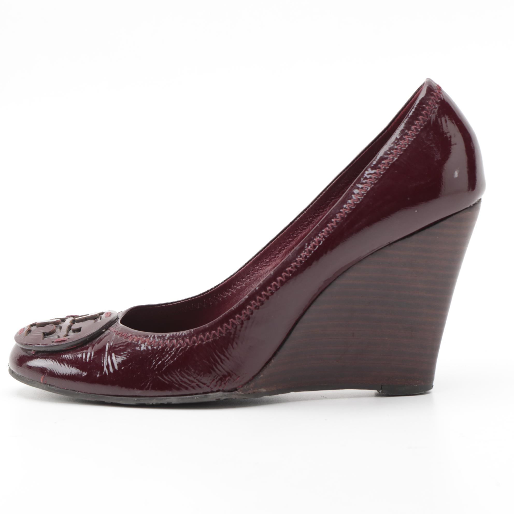 Tory Burch Burgundy Patent Leather Wedges