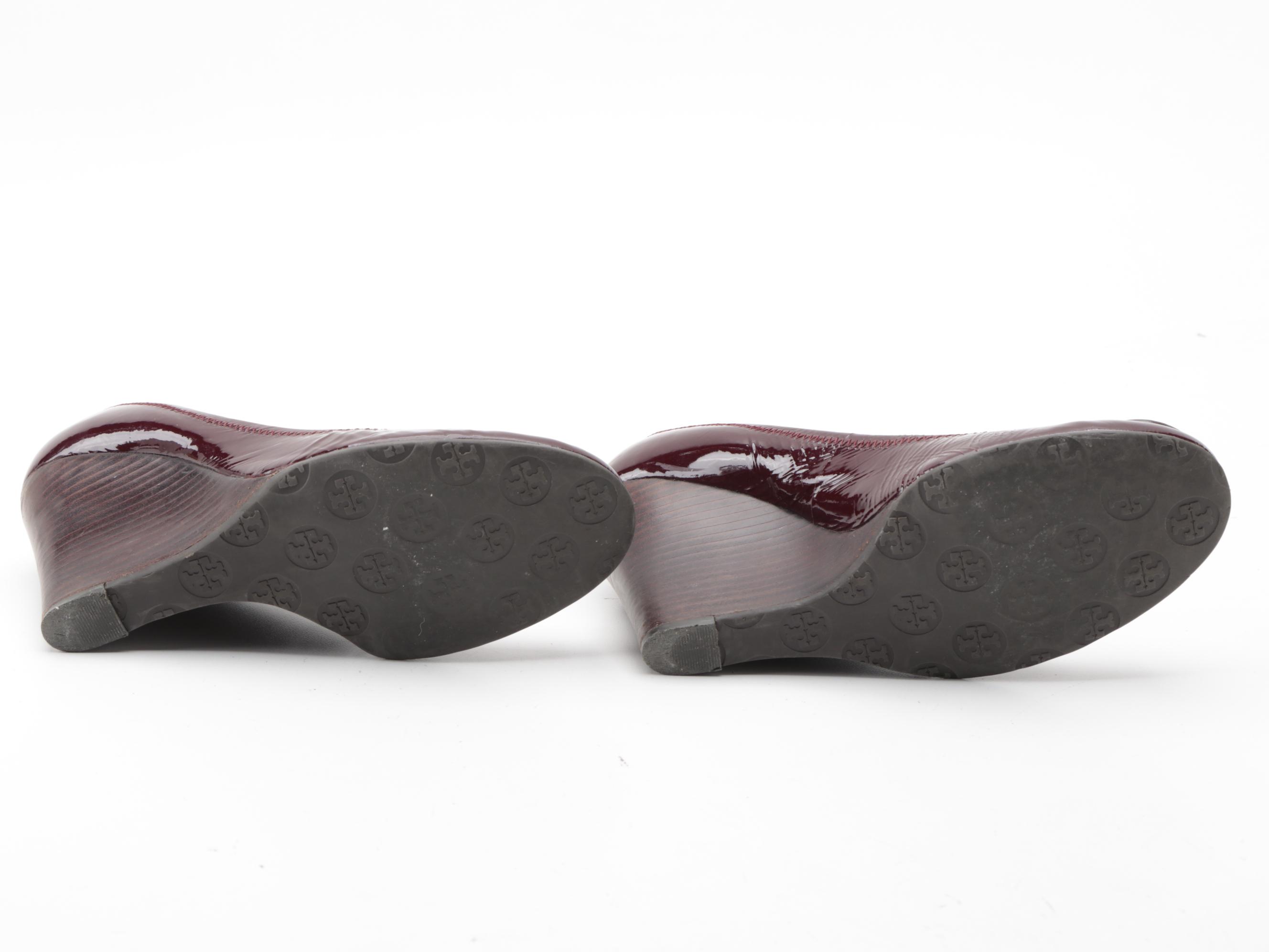 Tory Burch Burgundy Patent Leather Wedges