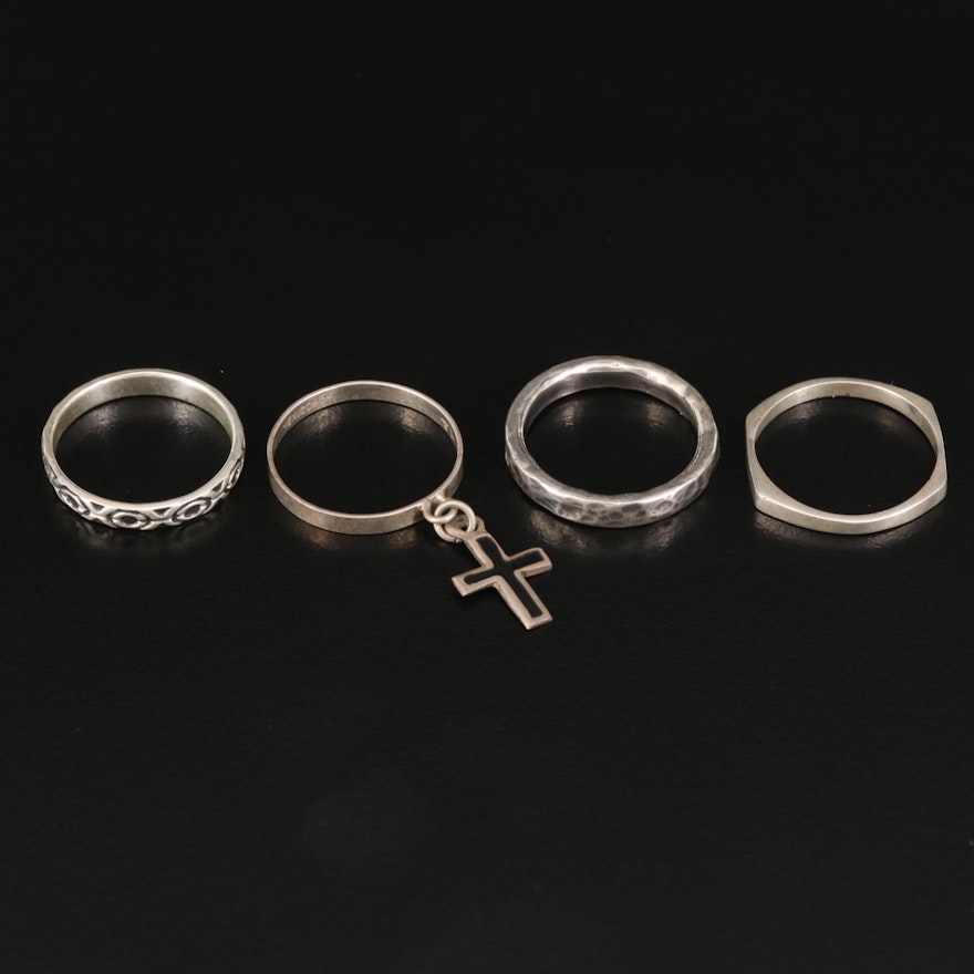 Sterling Silver Bands with Cross Charm Ring