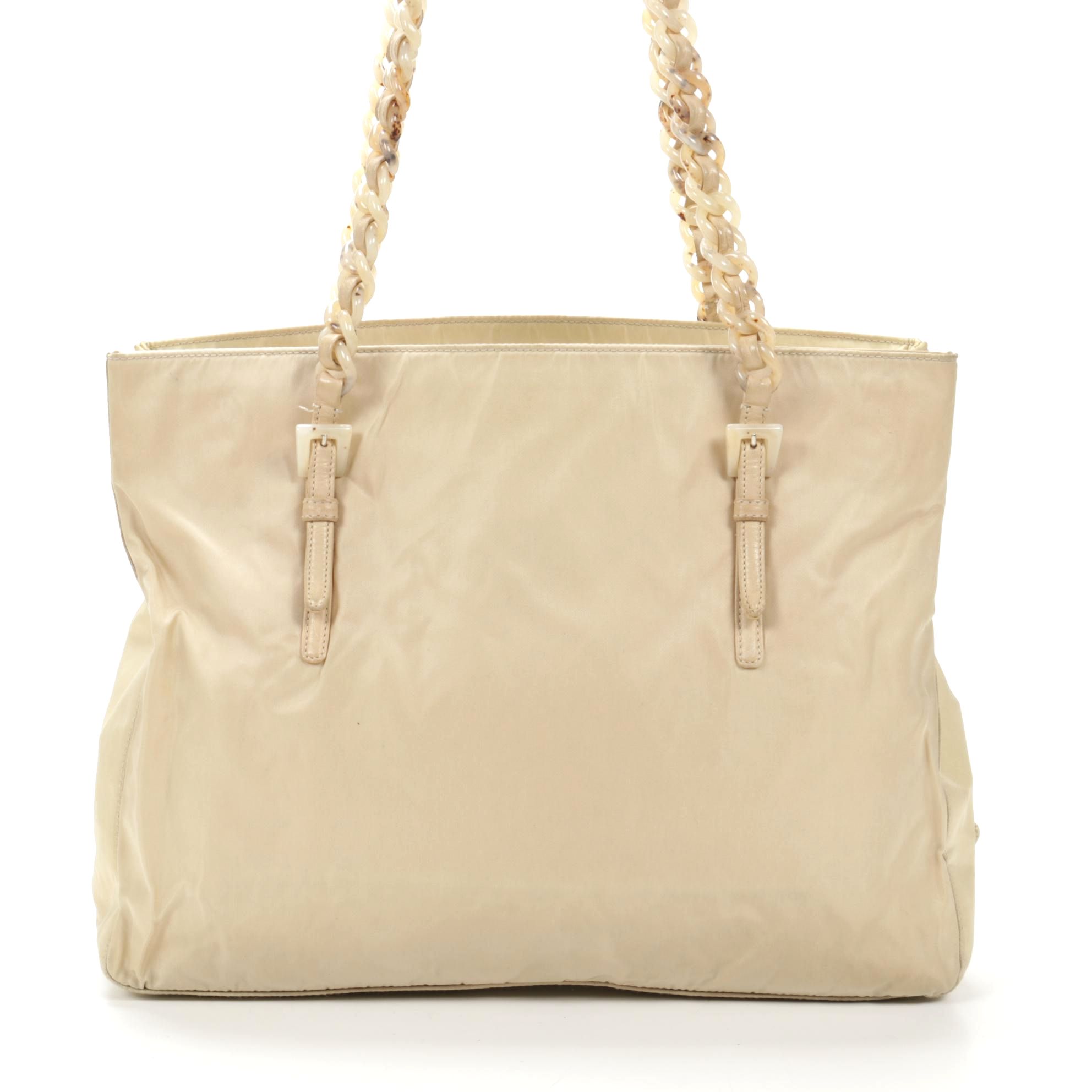 Prada Beige Tessuto Nylon Tote with Leather Interwoven Acetate Chain Link Strap