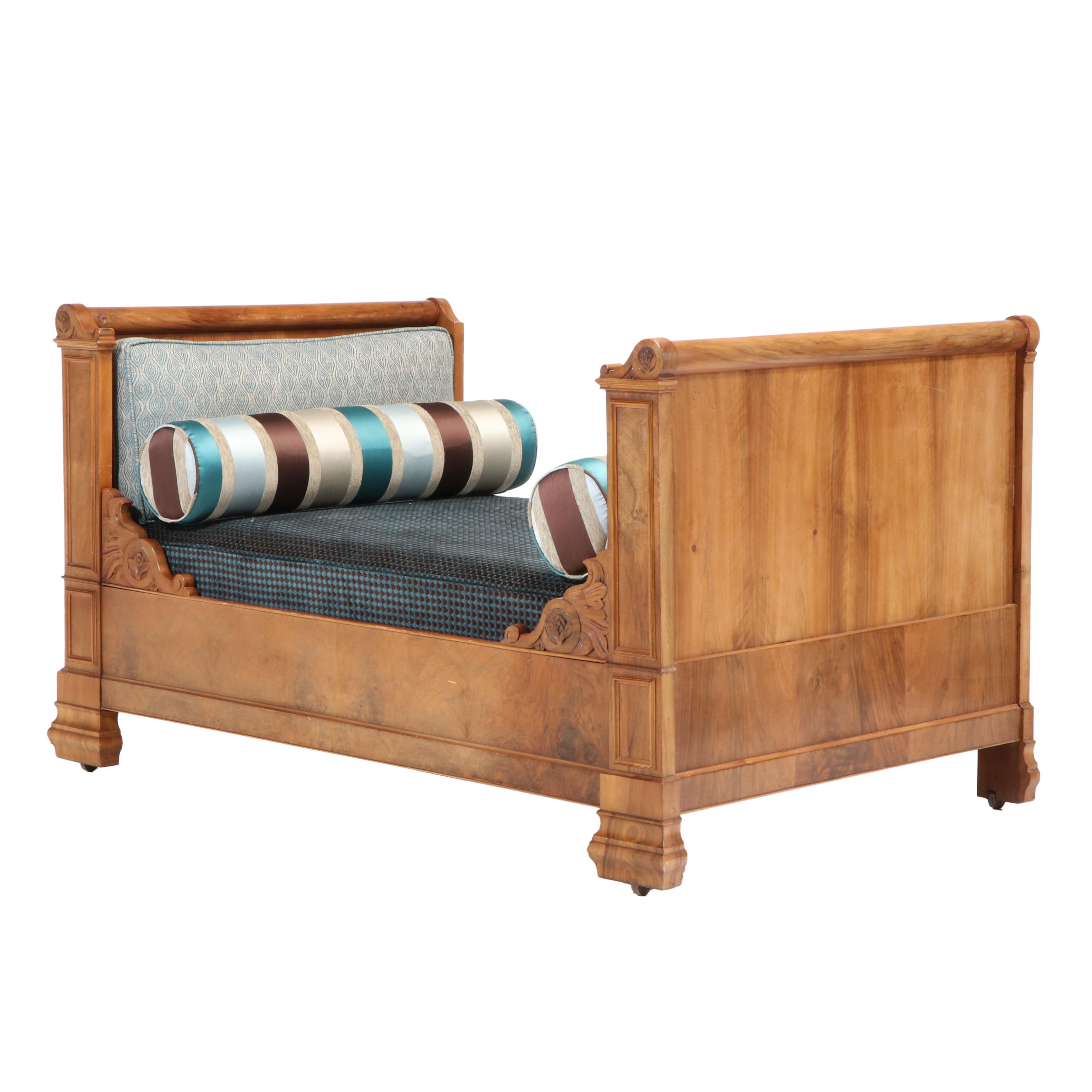 French Lit en Bateau Wood Bed with Upholstered Mattress, Mid to Late 19th C.