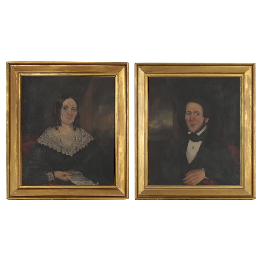 American School Oil Portraits of Seated Man and Woman, circa 1840