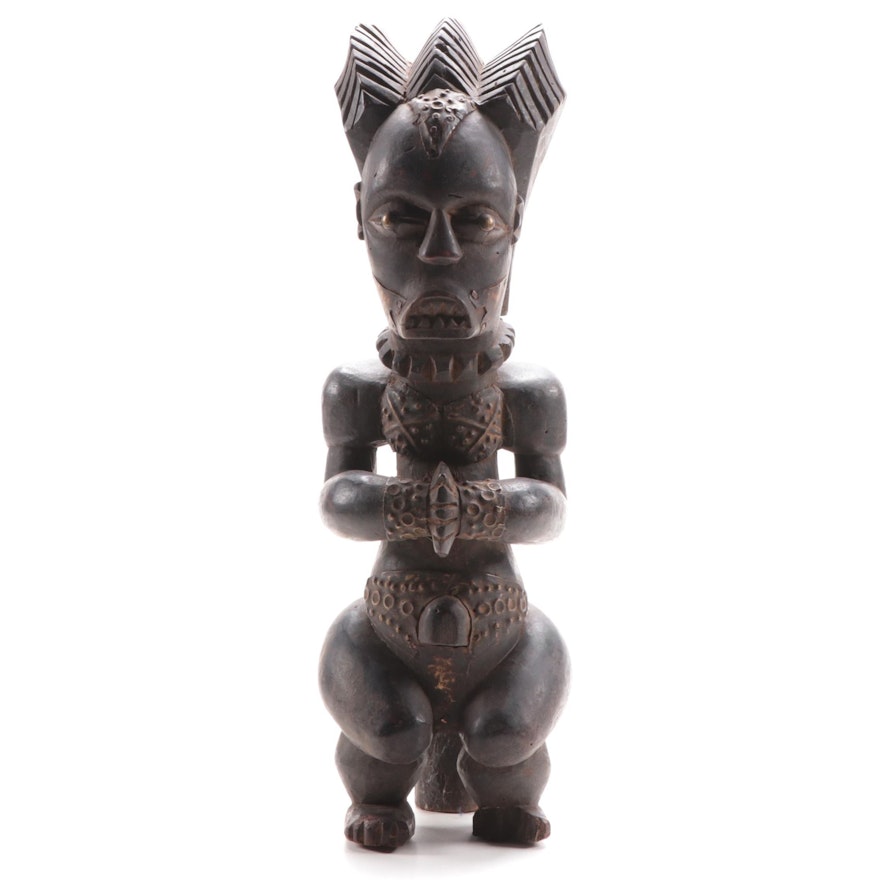 Fang Inspired Wooden Figure with Embellishments, Central Africa