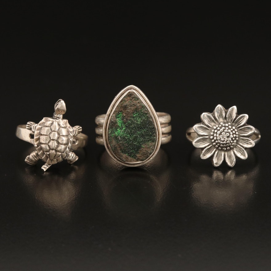 Sterling Articulating Turtle, Flower and Druzy Quartz Rings