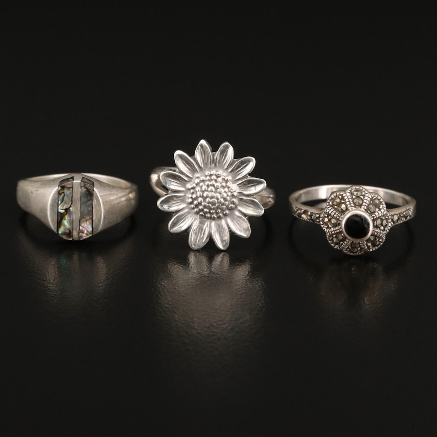Sterling Silver Rings Featuring Marcasite, Abalone Inlay and Black Onyx