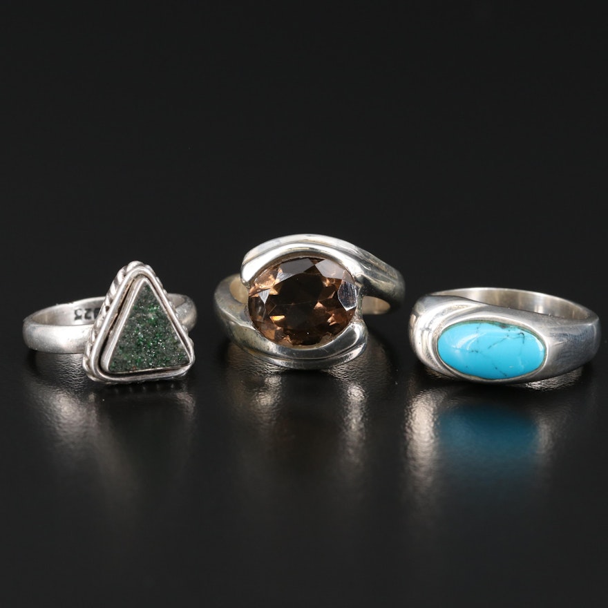 Sterling Silver Smoky Quartz, Druzy and Faux Turquoise Rings