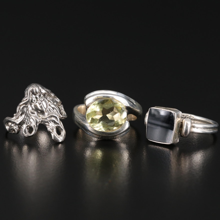 Sterling Silver Rings Featuring Citrine and Black Onyx