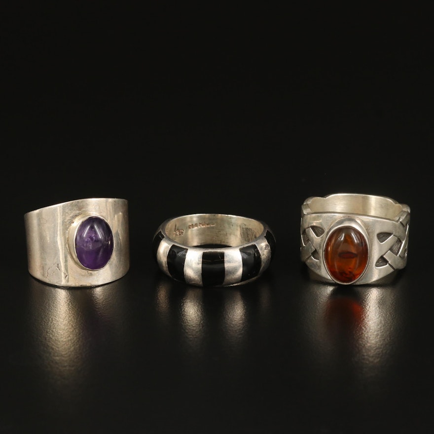 Sterling Rings and Band with Amber and Amethyst