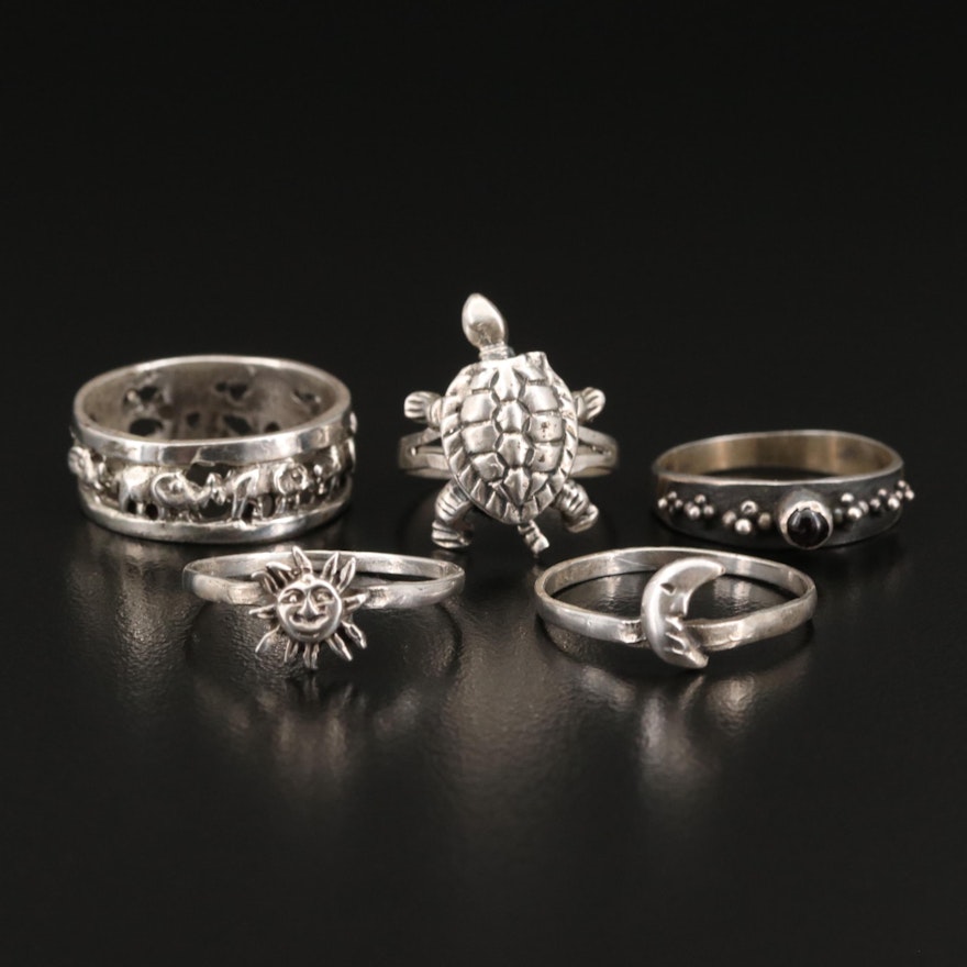 Sterling Rings Featuring Garnet and Articulated Turtle