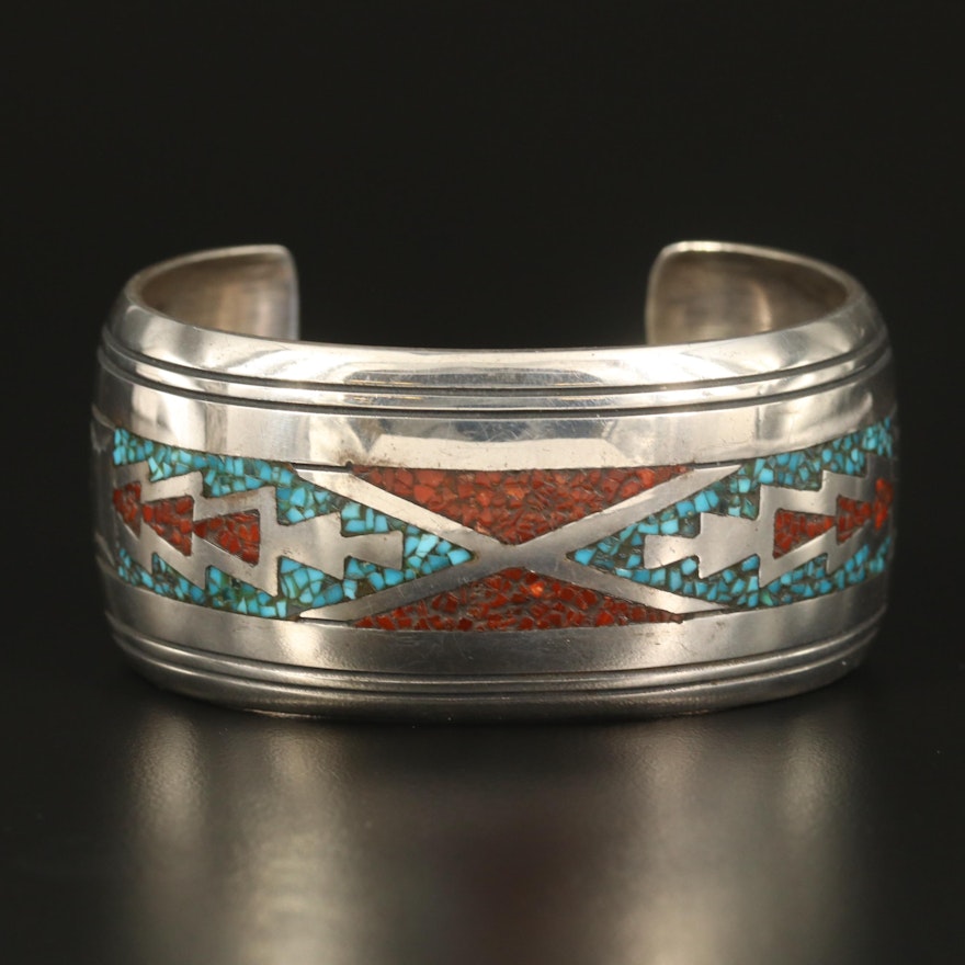 Thomas Singer Navajo Diné Sterling Turquoise and Coral Inlay Cuff