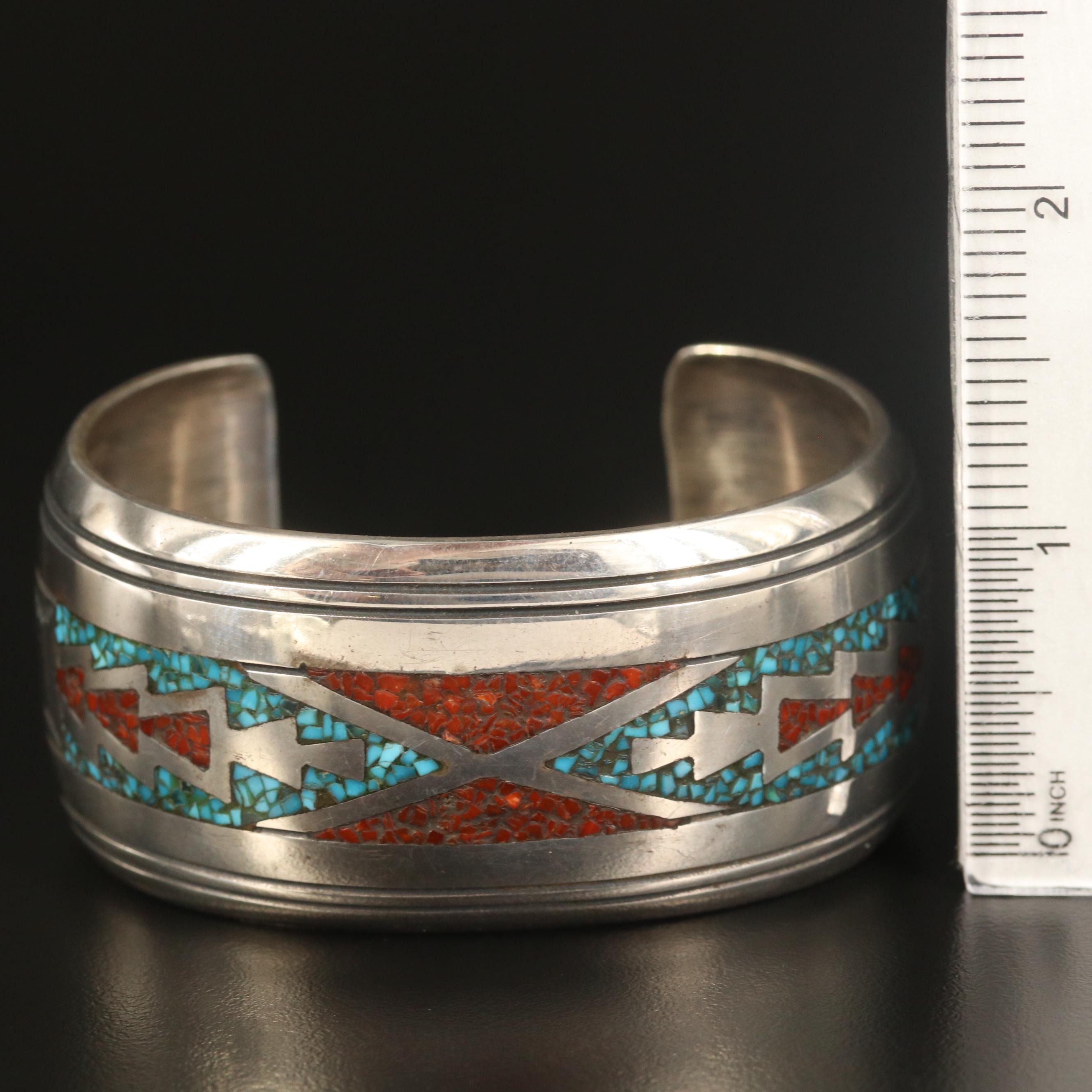 Thomas Singer Navajo Diné Sterling Turquoise and Coral Inlay Cuff