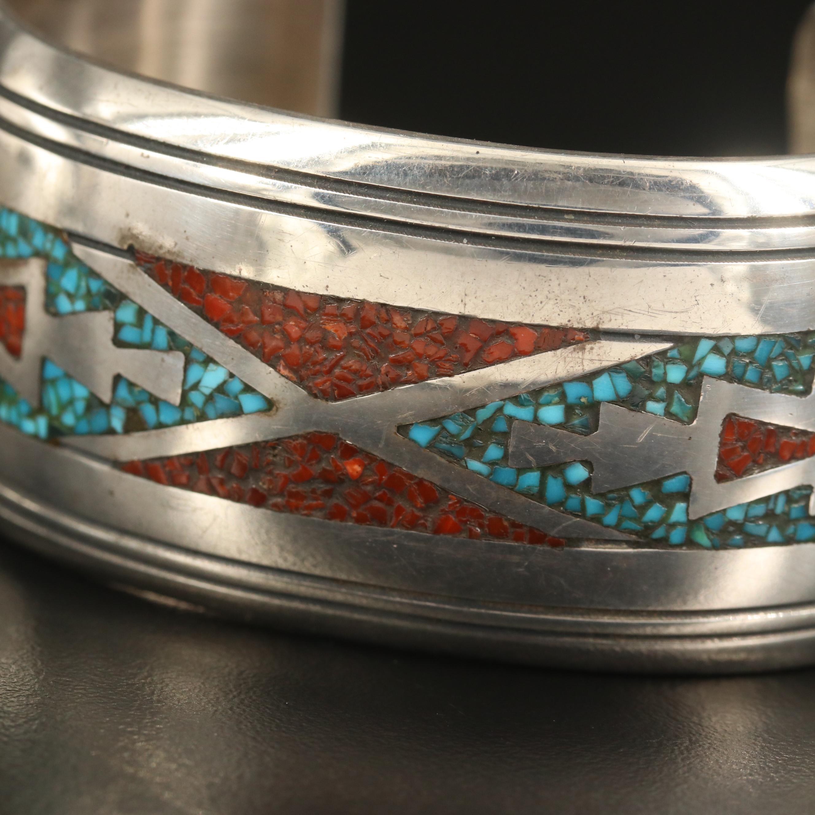 Thomas Singer Navajo Diné Sterling Turquoise and Coral Inlay Cuff