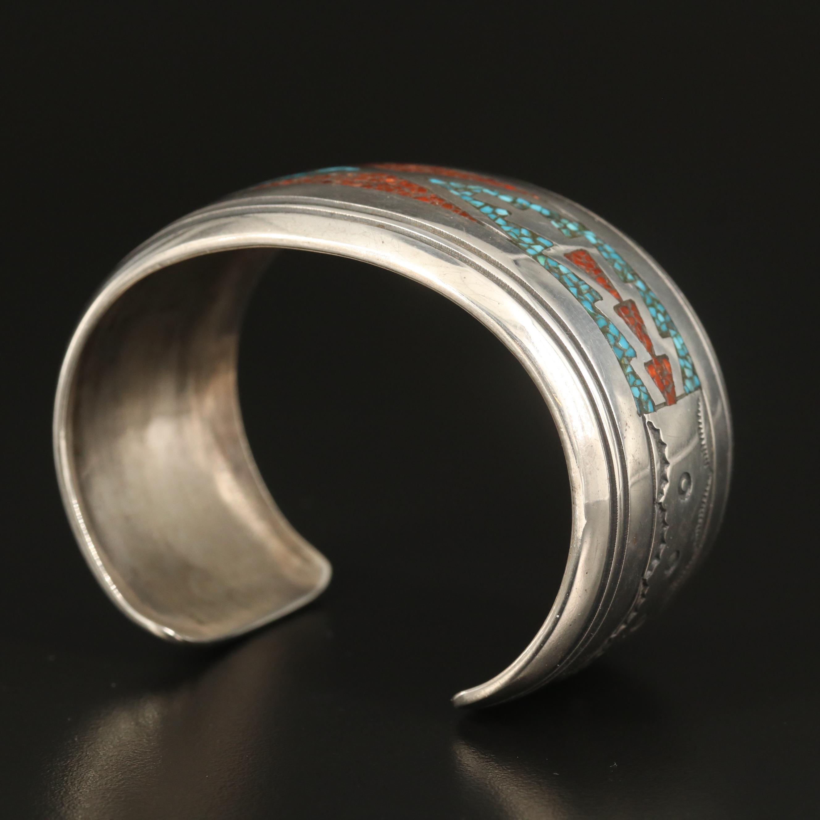 Thomas Singer Navajo Diné Sterling Turquoise and Coral Inlay Cuff