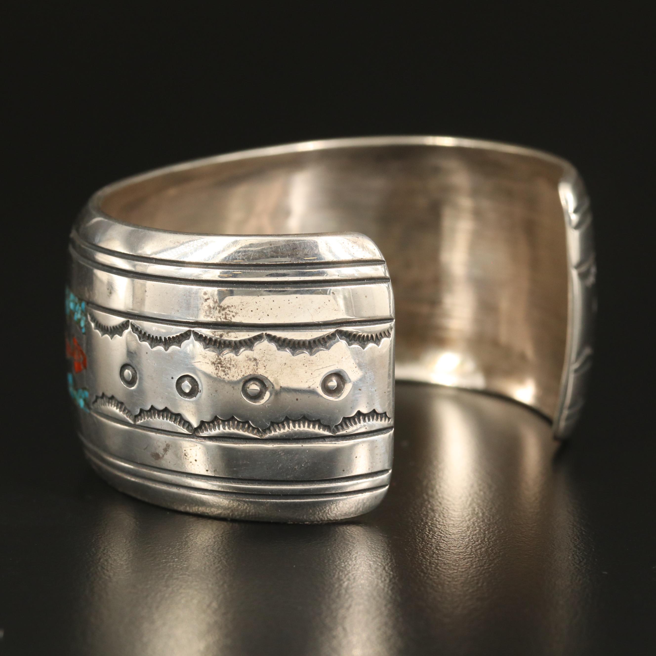 Thomas Singer Navajo Diné Sterling Turquoise and Coral Inlay Cuff