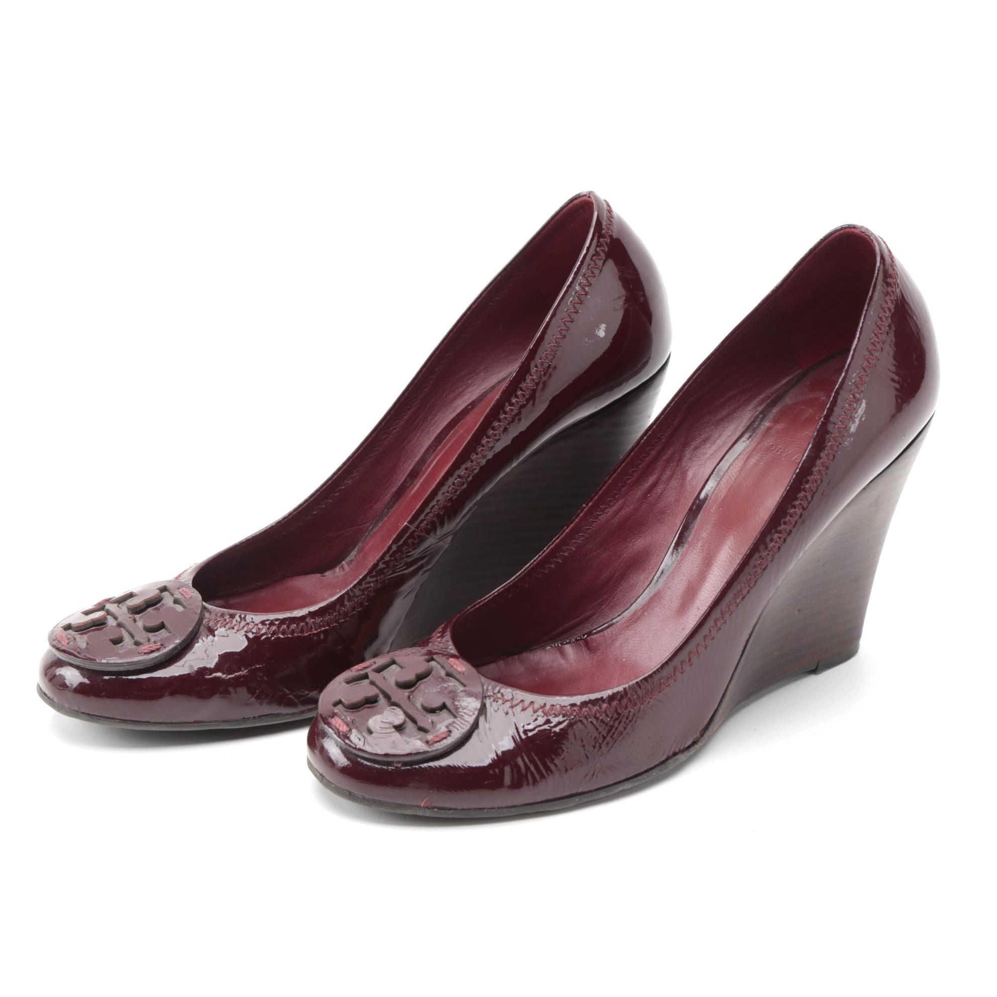 Tory Burch Burgundy Patent Leather Wedges
