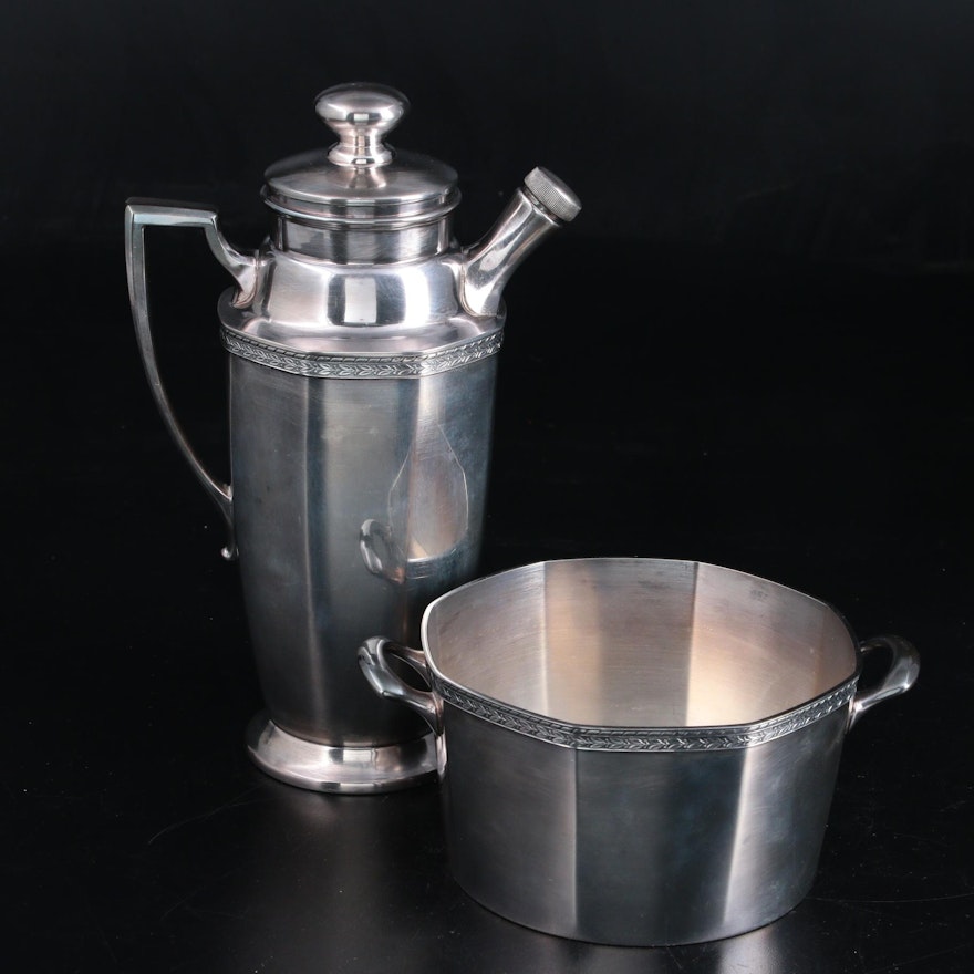 Art Deco W.M. Mounts Silver Plate Cocktail Shaker and Ice Bucket