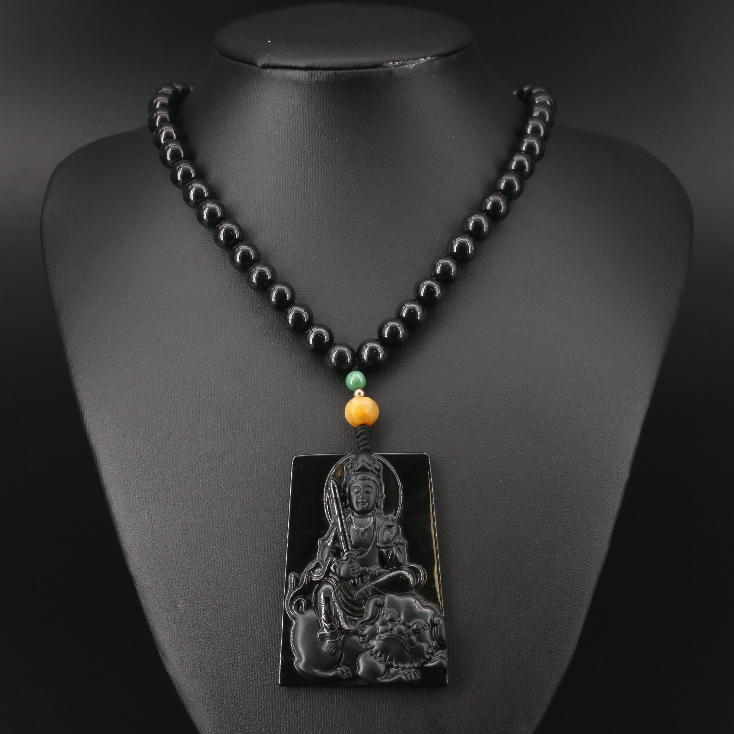 Manjushri Bodhisattva Jadeite Pendant Necklace with 14K Spacer Bead