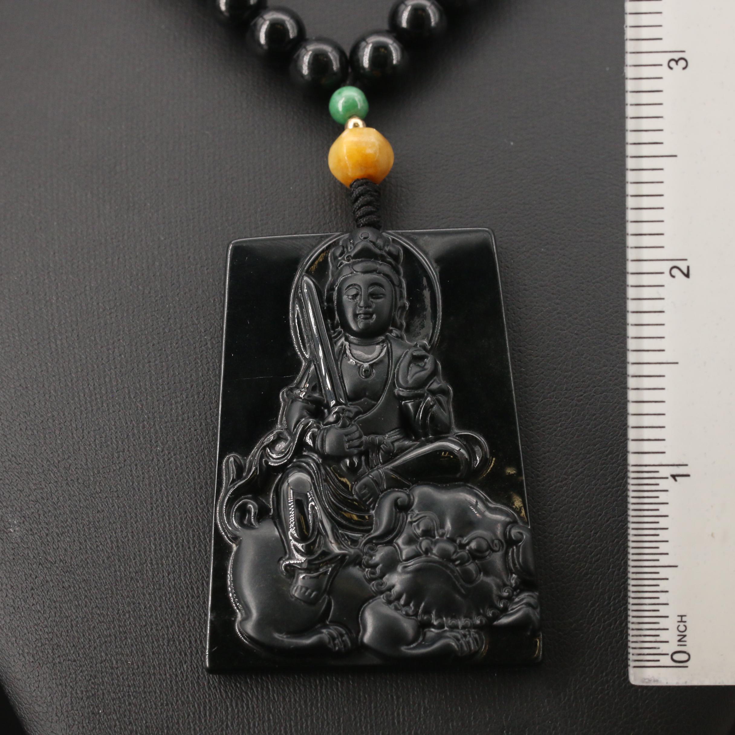 Manjushri Bodhisattva Jadeite Pendant Necklace with 14K Spacer Bead