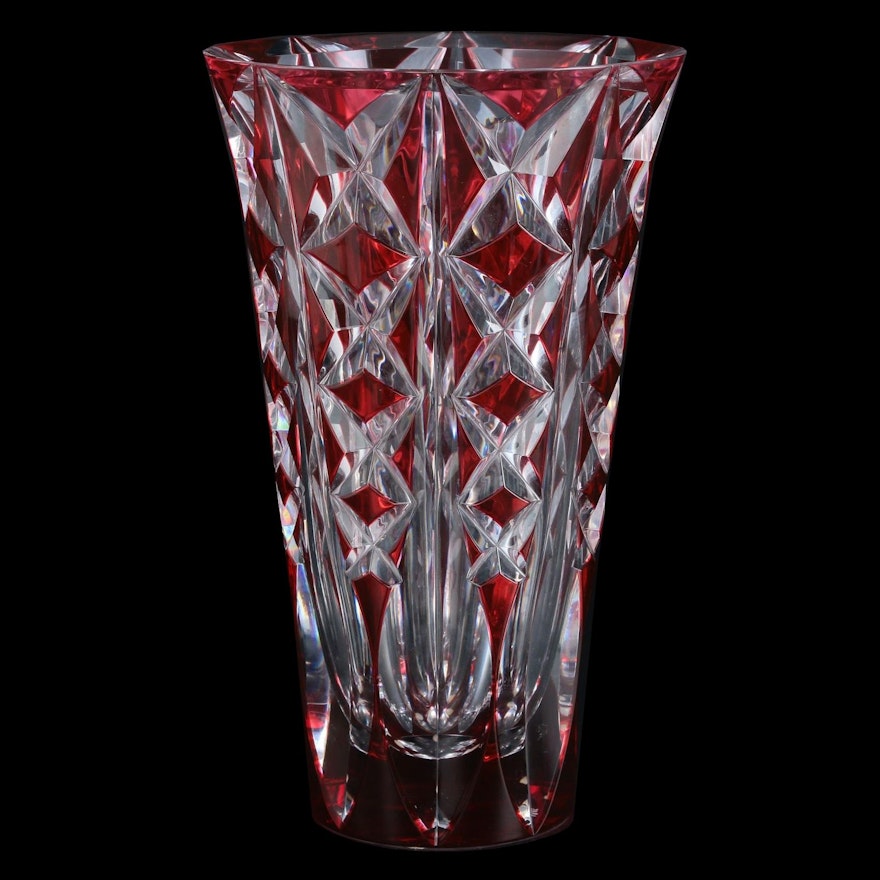 Cenedese Murano Cranberry Cut to Clear Glass Vase, 1985