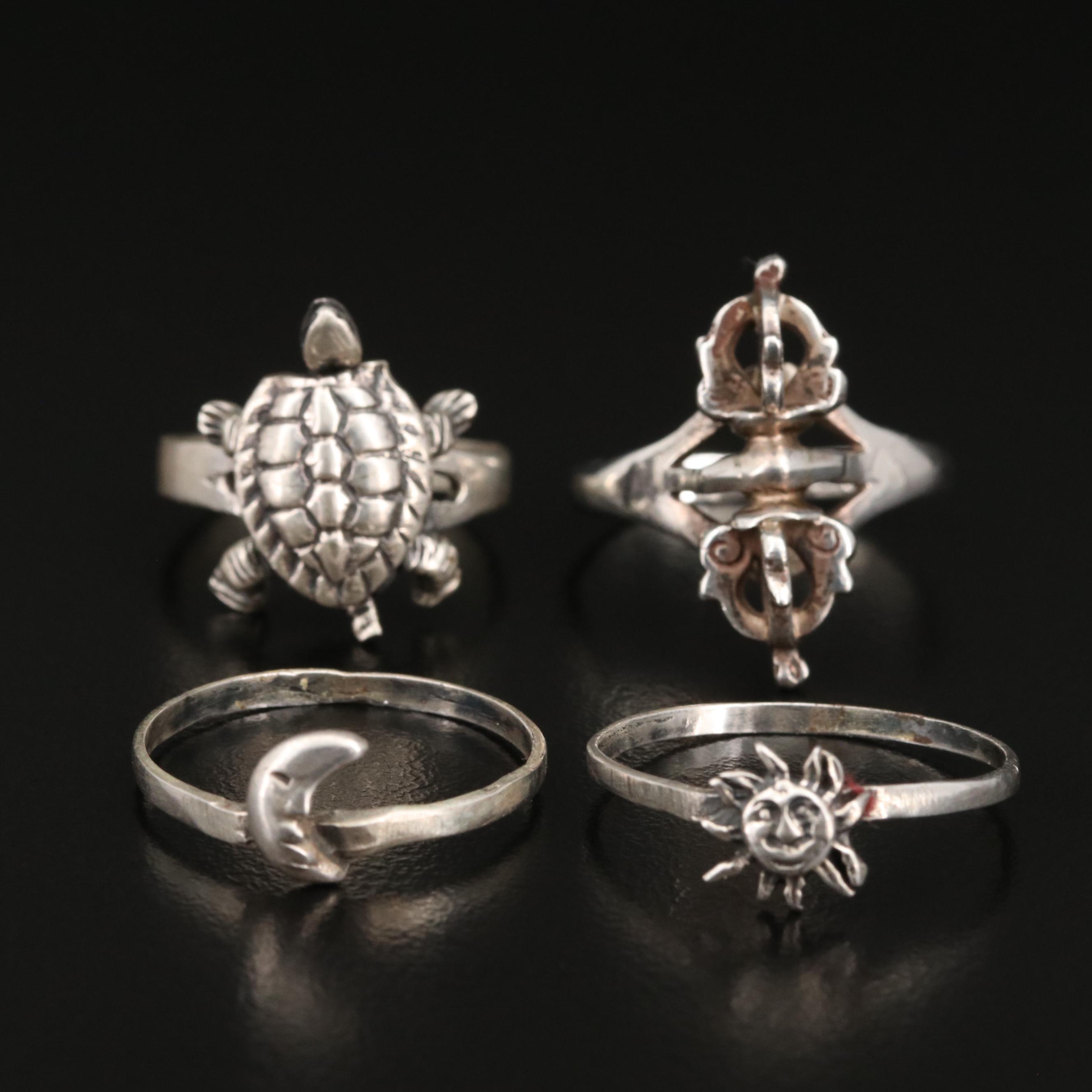 Sterling Articulated Turtle, Tibetan Varja and Sun/Moon Stacking Rings
