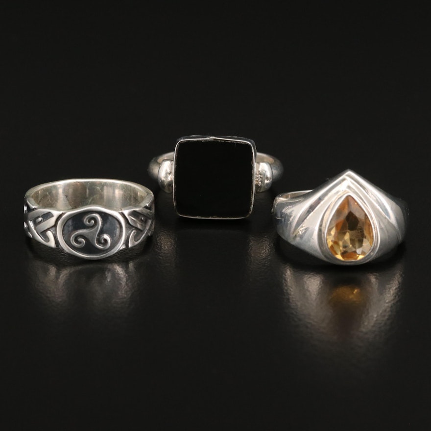 Sterling Triskelion with Celtic Knot Band and Citrine and Glass Rings