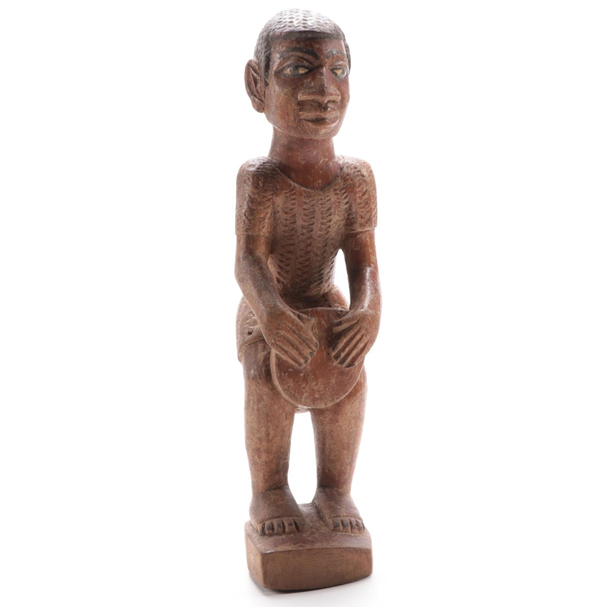 West African Wooden Figure with Drum