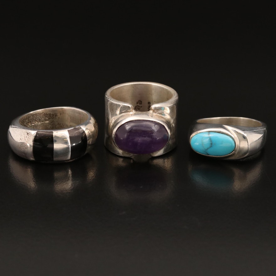 Sterling Silver Rings Featuring Amethyst, Turquoise and Enamel