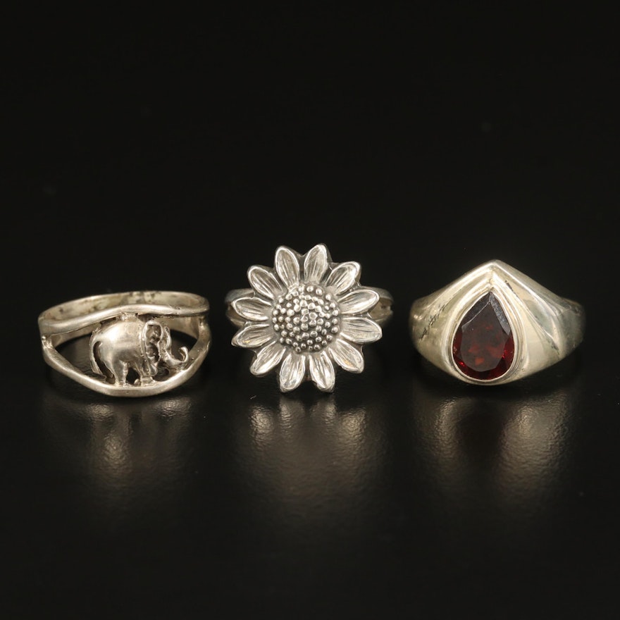 Sterling Garnet, Sunflower and Elephant Rings
