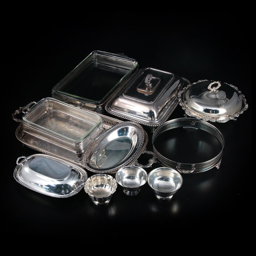 Sterling Silver Footed Bowls with Silver Plate Serveware and Trays