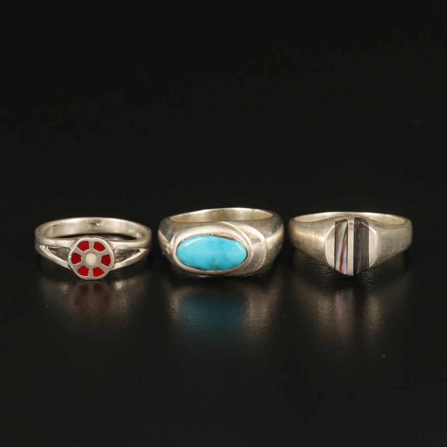 Sterling Abalone, Turquoise and Enamel Inlay Rings