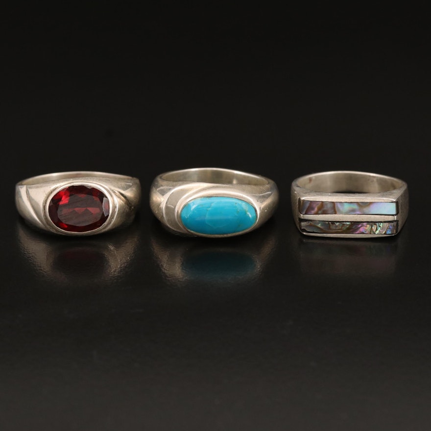 Sterling Rings Including Garnet, Tourmaline and Abalone