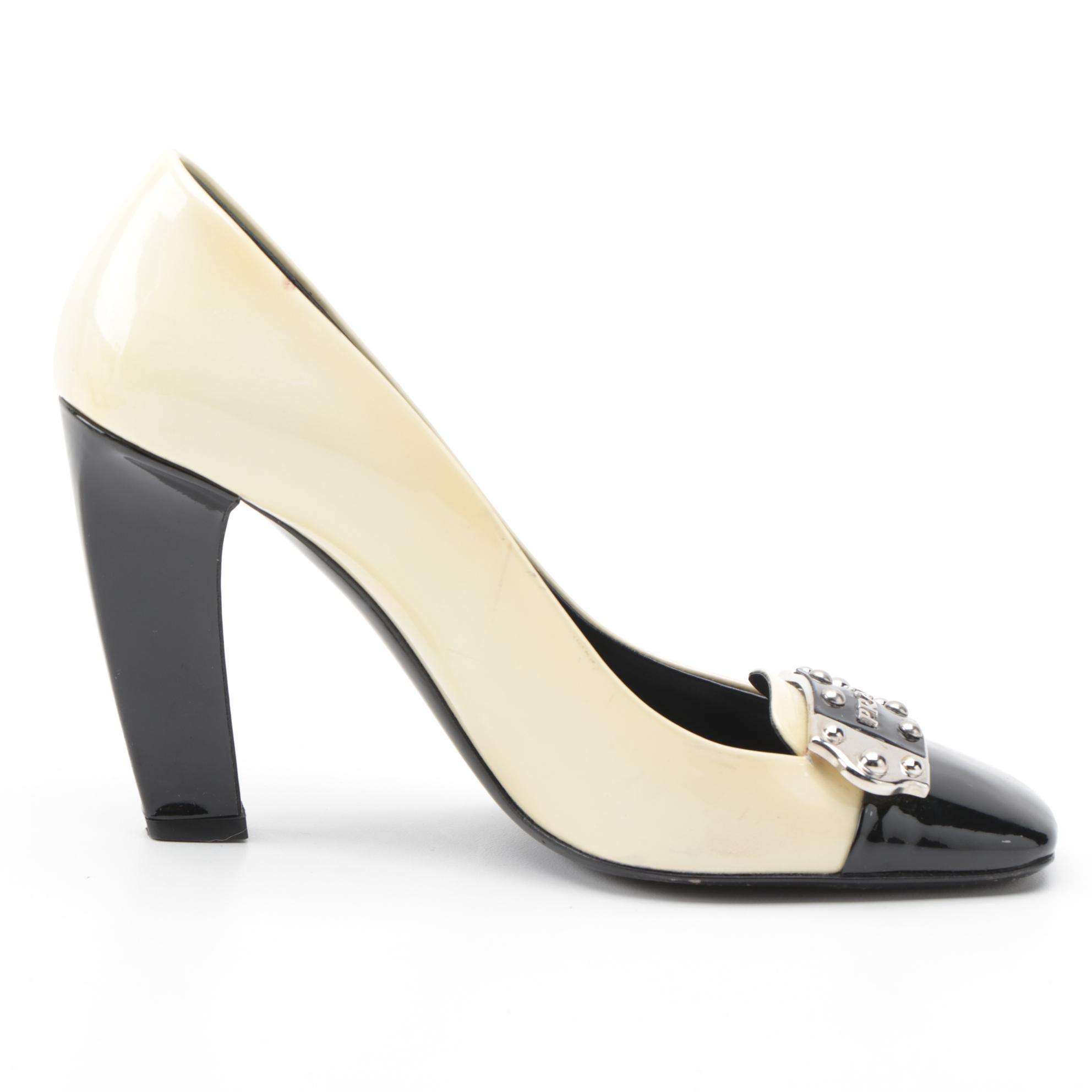 Prada Black and Pearlized Ivory Patent Leather Pumps
